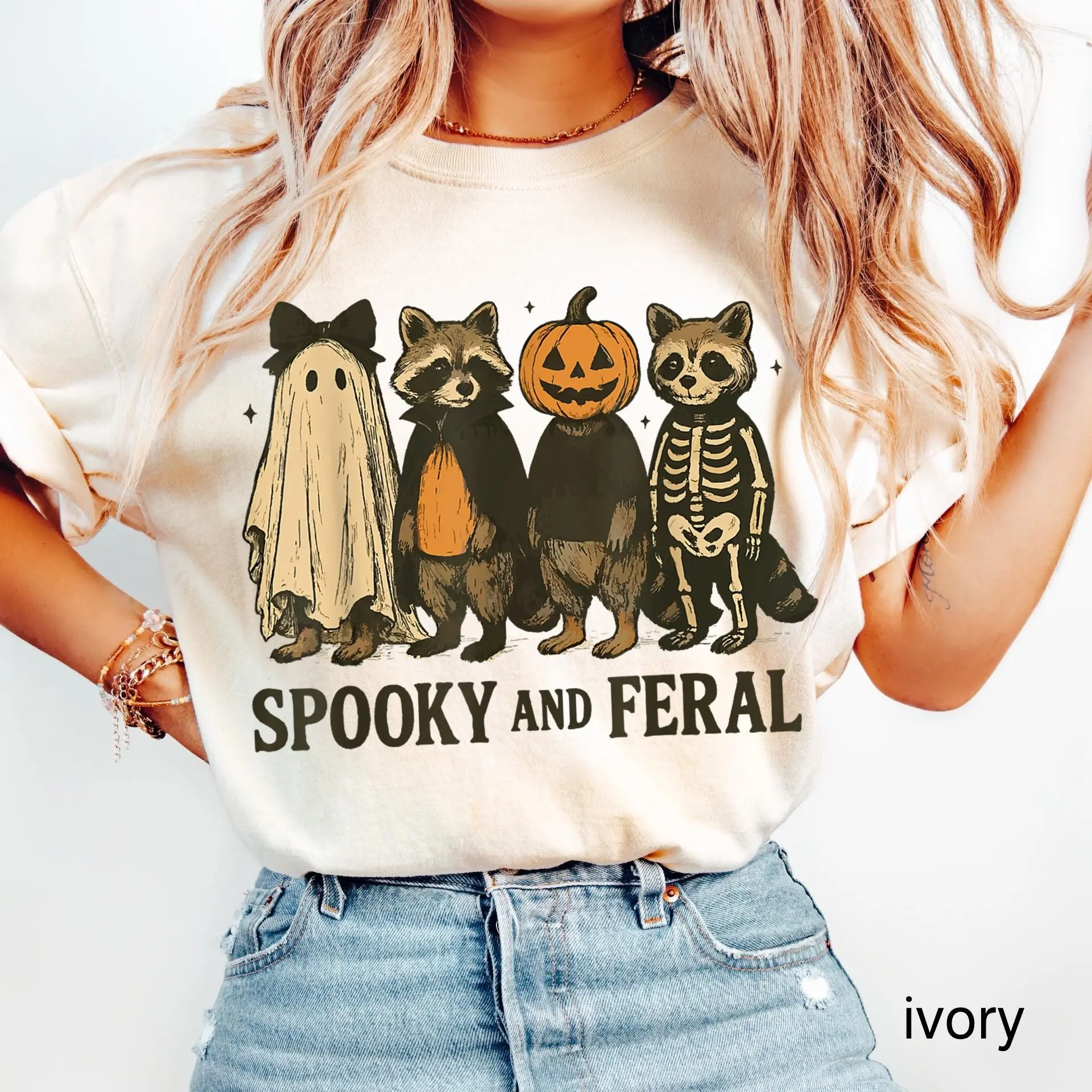 Comfort Colors Spooky and Feral Raccoon Shirt, Funny Halloween Witch Graphic Tee, Cute Season Gift - photo 5