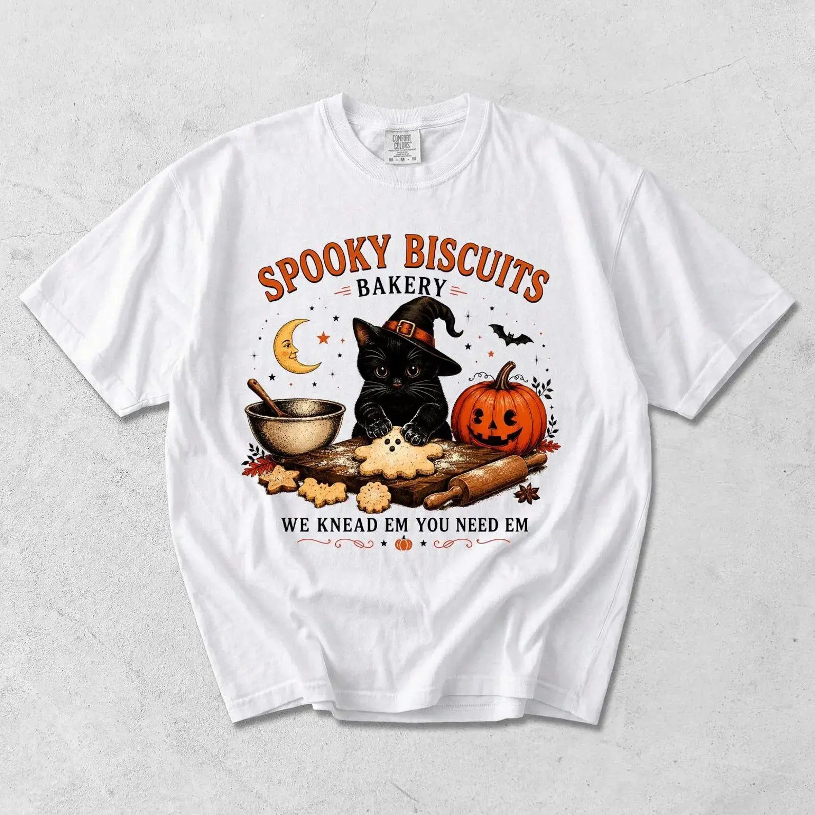 Comfort Colors Spooky Biscuits Bakery Shirt, Black Cat Halloween Tee, Vintage Retro Fall Kitty Lover Womens Graphic Top