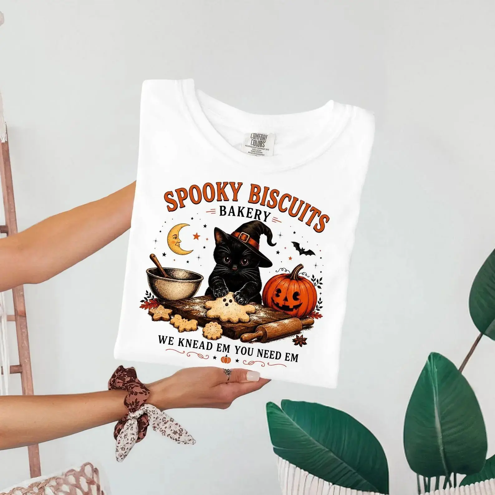 Comfort Colors Spooky Biscuits Bakery Shirt, Black Cat Halloween Tee, Vintage Retro Fall Kitty Lover Womens Graphic Top - photo 2