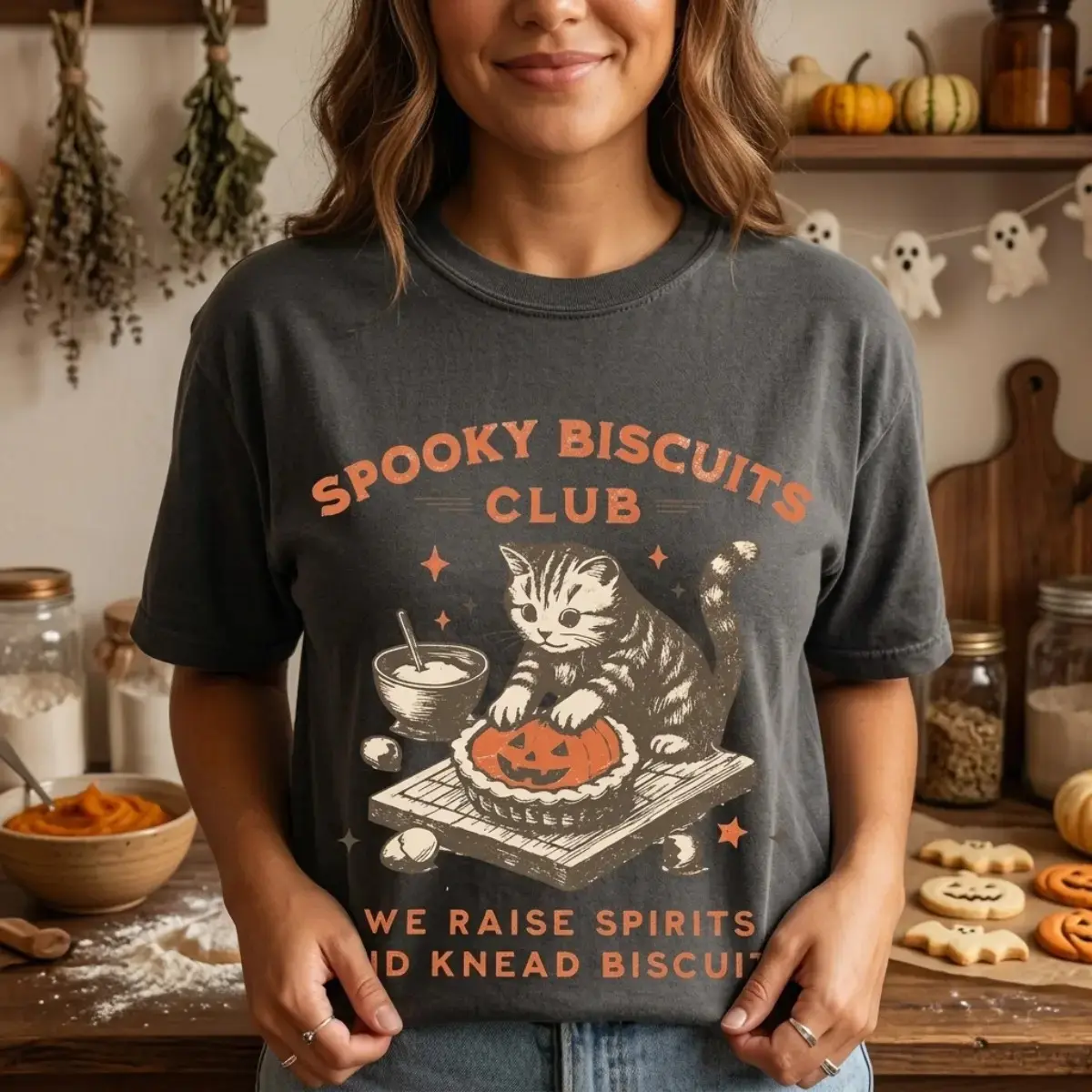 Comfort Colors Spooky Biscuits Club Shirt, Halloween Cat T-Shirt, Pumpkin Pie Baking Graphic Tee - photo 2