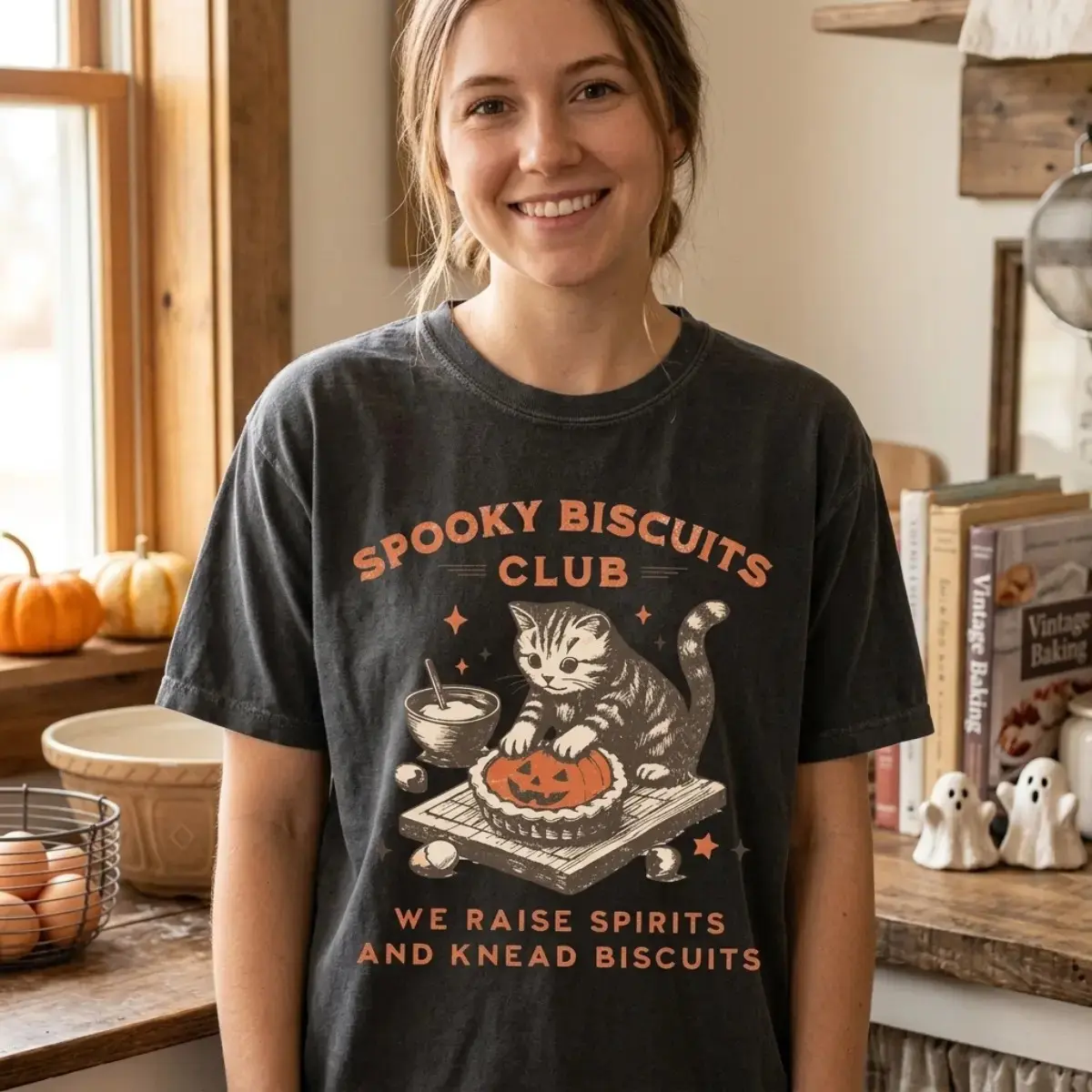 Comfort Colors Spooky Biscuits Club Shirt, Halloween Cat T-Shirt, Pumpkin Pie Baking Graphic Tee - photo 3