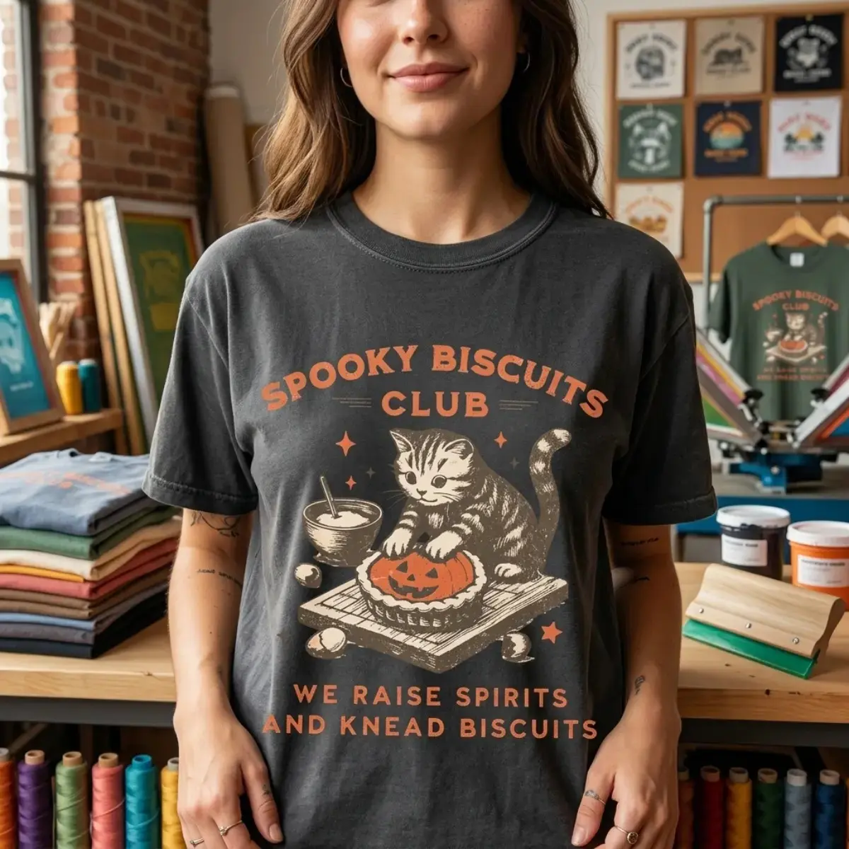 Comfort Colors Spooky Biscuits Club Shirt, Halloween Cat T-Shirt, Pumpkin Pie Baking Graphic Tee - photo 4