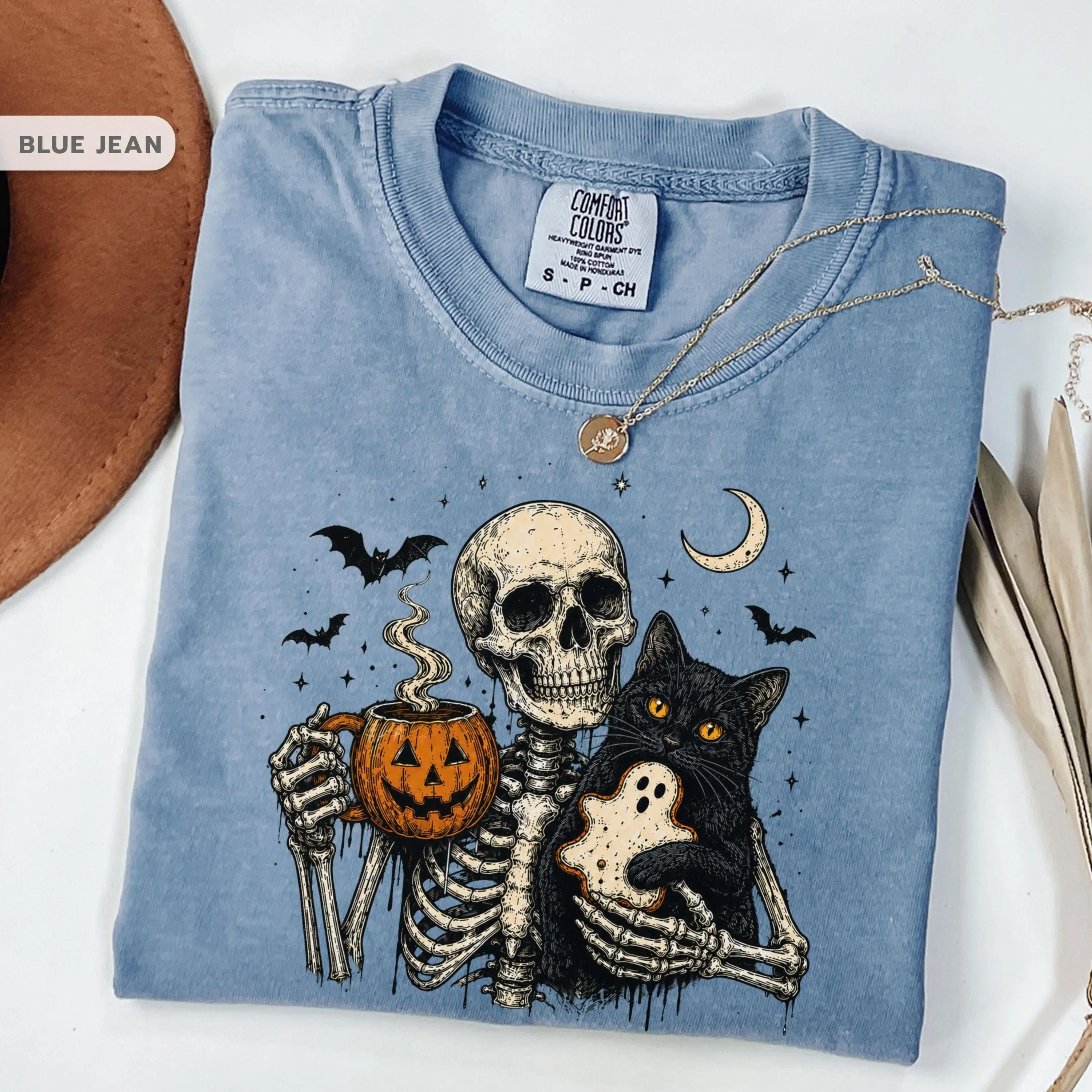 Comfort Colors Spooky Biscuits Shirt Skeleton Cat Halloween Tee Vintage Pumpkin Coffee Ghost Cookie Fall Graphic T-Shirt