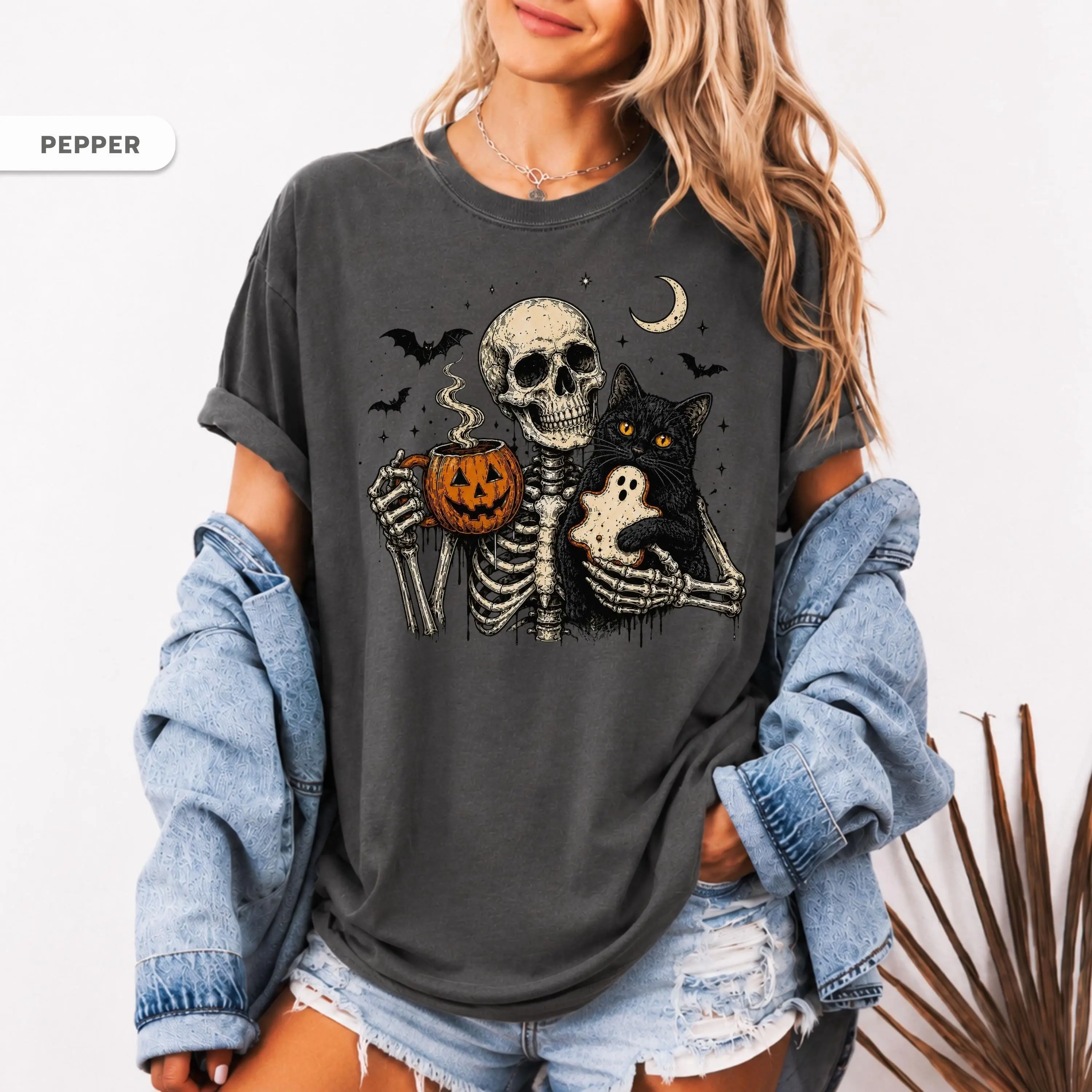 Comfort Colors Spooky Biscuits Shirt Skeleton Cat Halloween Tee Vintage Pumpkin Coffee Ghost Cookie Fall Graphic T-Shirt - photo 2