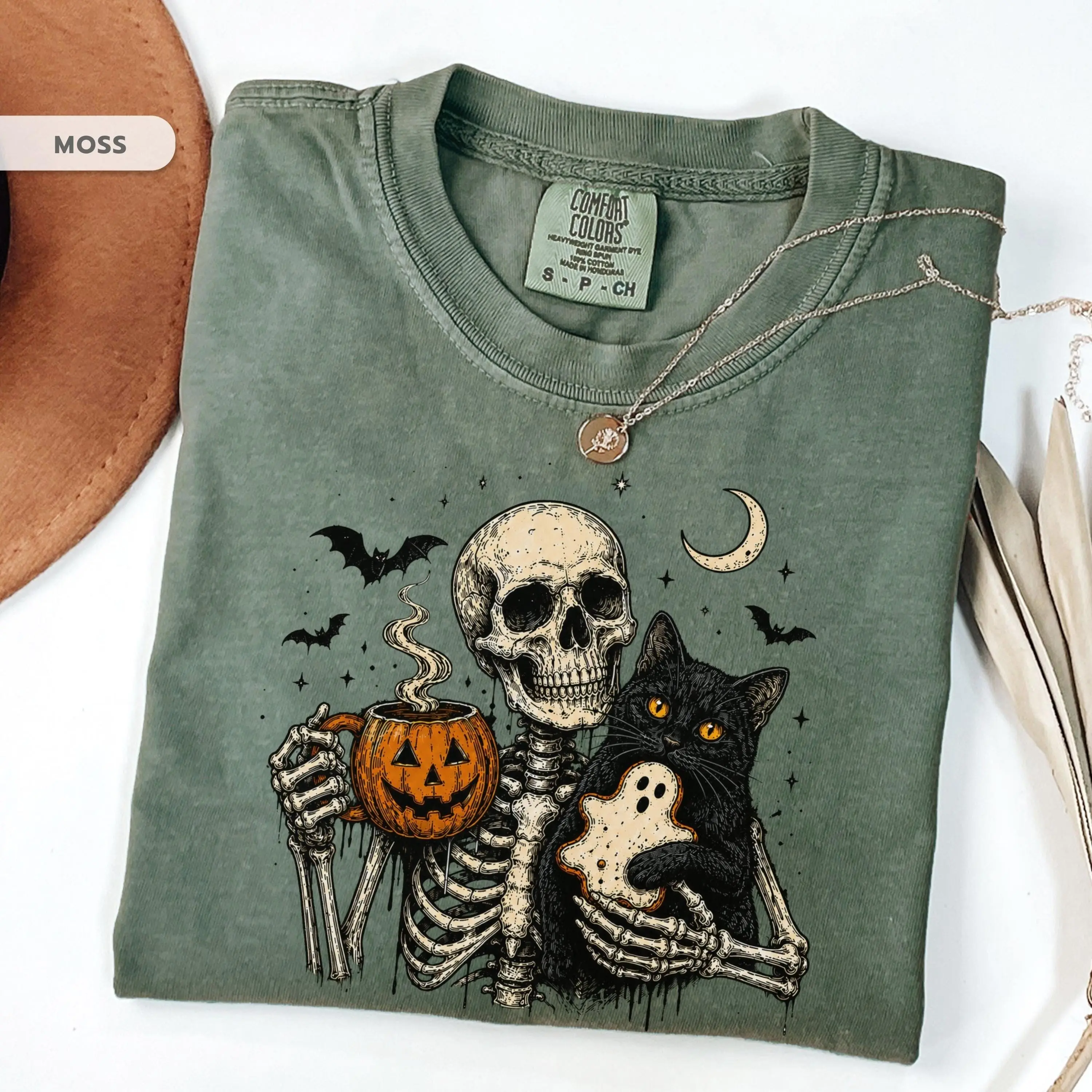 Comfort Colors Spooky Biscuits Shirt Skeleton Cat Halloween Tee Vintage Pumpkin Coffee Ghost Cookie Fall Graphic T-Shirt - photo 3