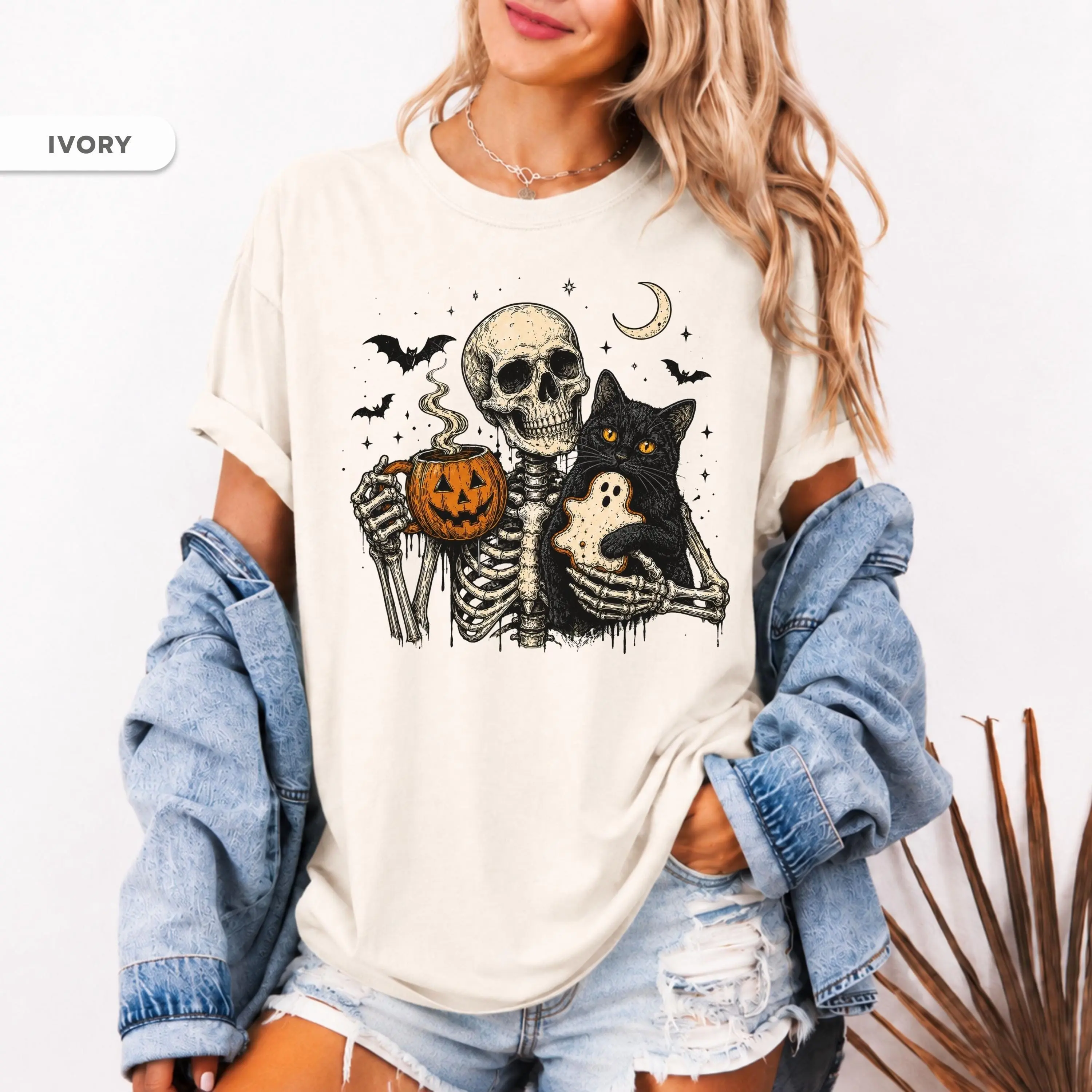 Comfort Colors Spooky Biscuits Shirt Skeleton Cat Halloween Tee Vintage Pumpkin Coffee Ghost Cookie Fall Graphic T-Shirt - photo 4