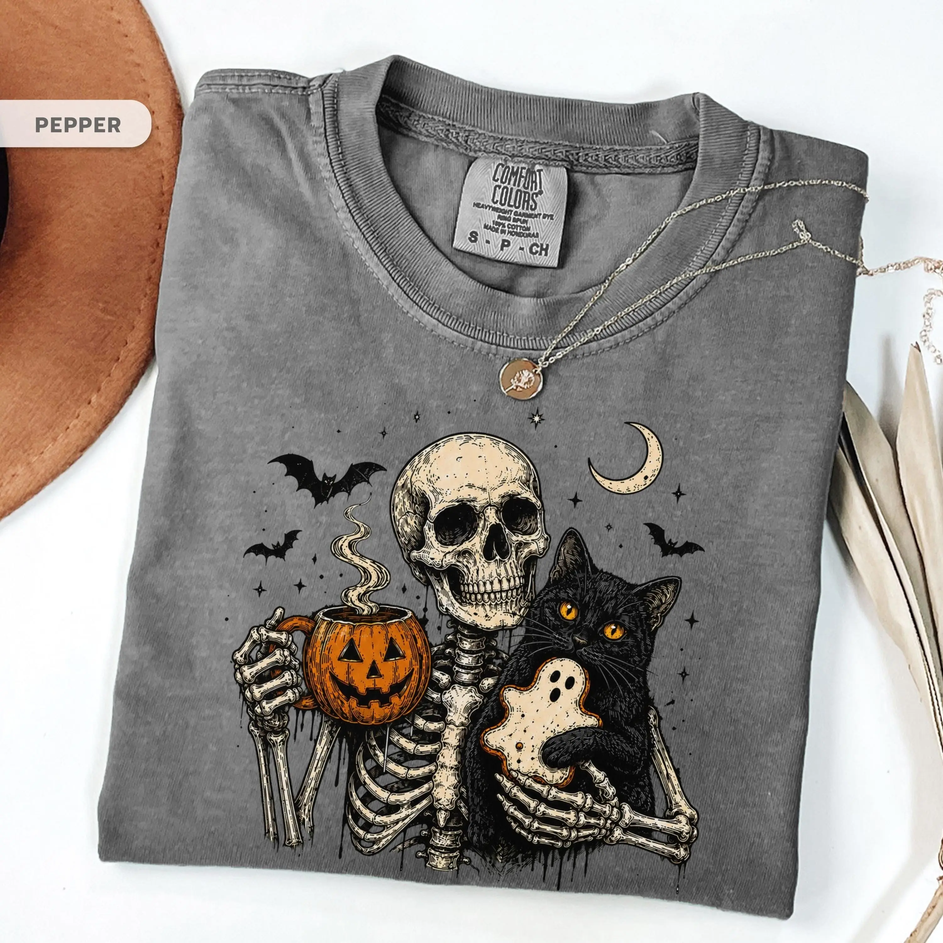 Comfort Colors Spooky Biscuits Shirt Skeleton Cat Halloween Tee Vintage Pumpkin Coffee Ghost Cookie Fall Graphic T-Shirt - photo 5