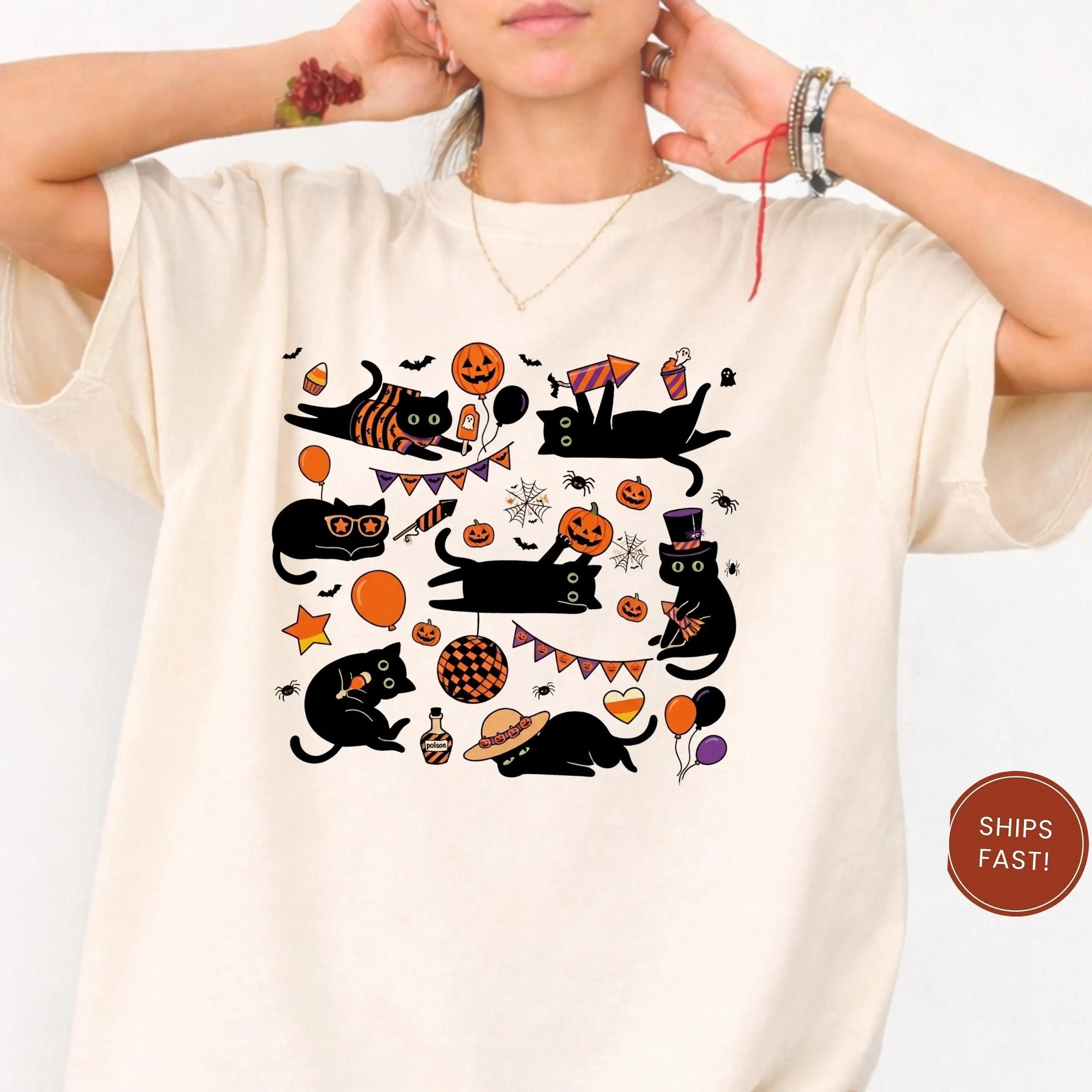 Comfort Colors Spooky Black Cats Shirt, Vintage Halloween Pumpkin Kitty Lover Mom Gift Tee - photo 2