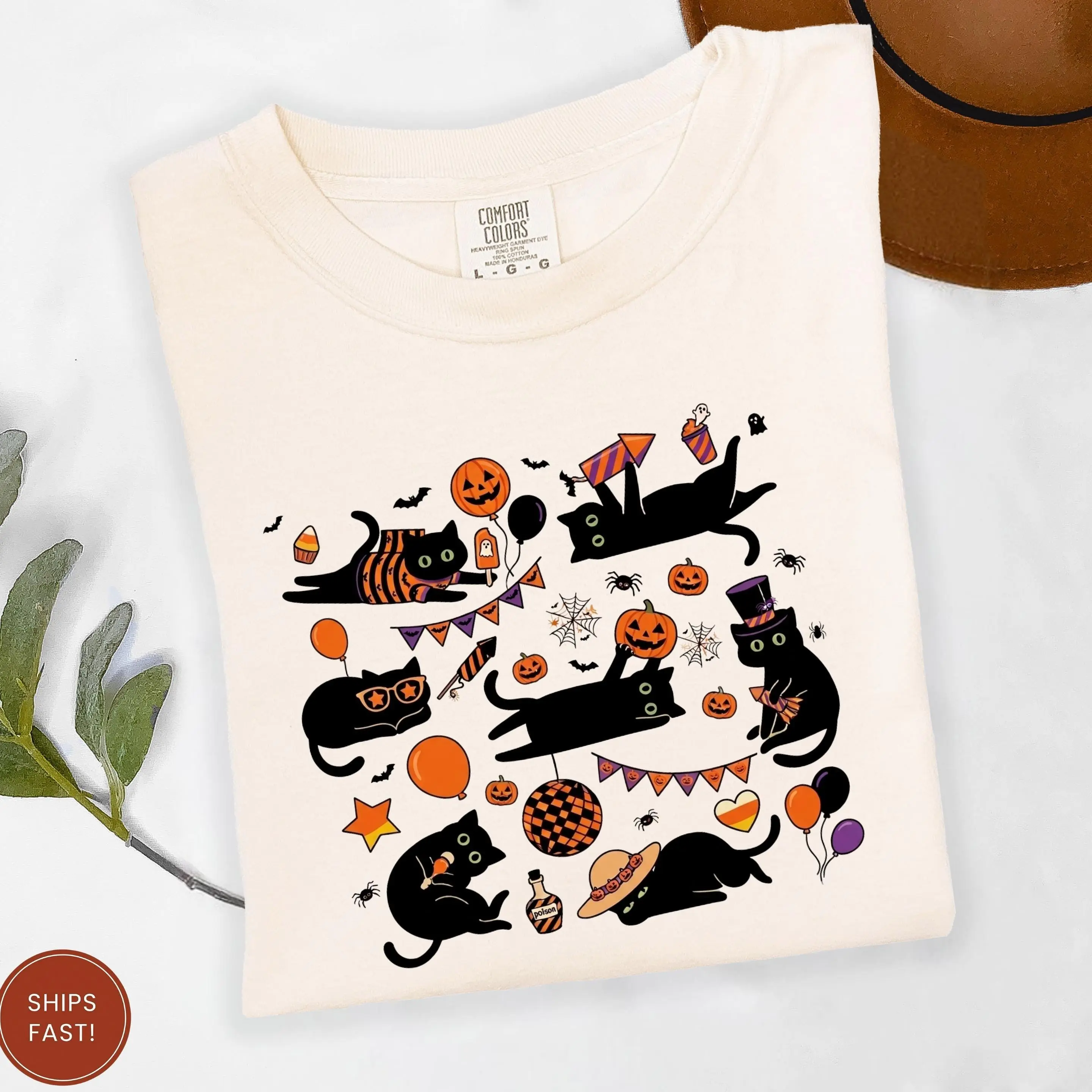 Comfort Colors Spooky Black Cats Shirt, Vintage Halloween Pumpkin Kitty Lover Mom Gift Tee - photo 5