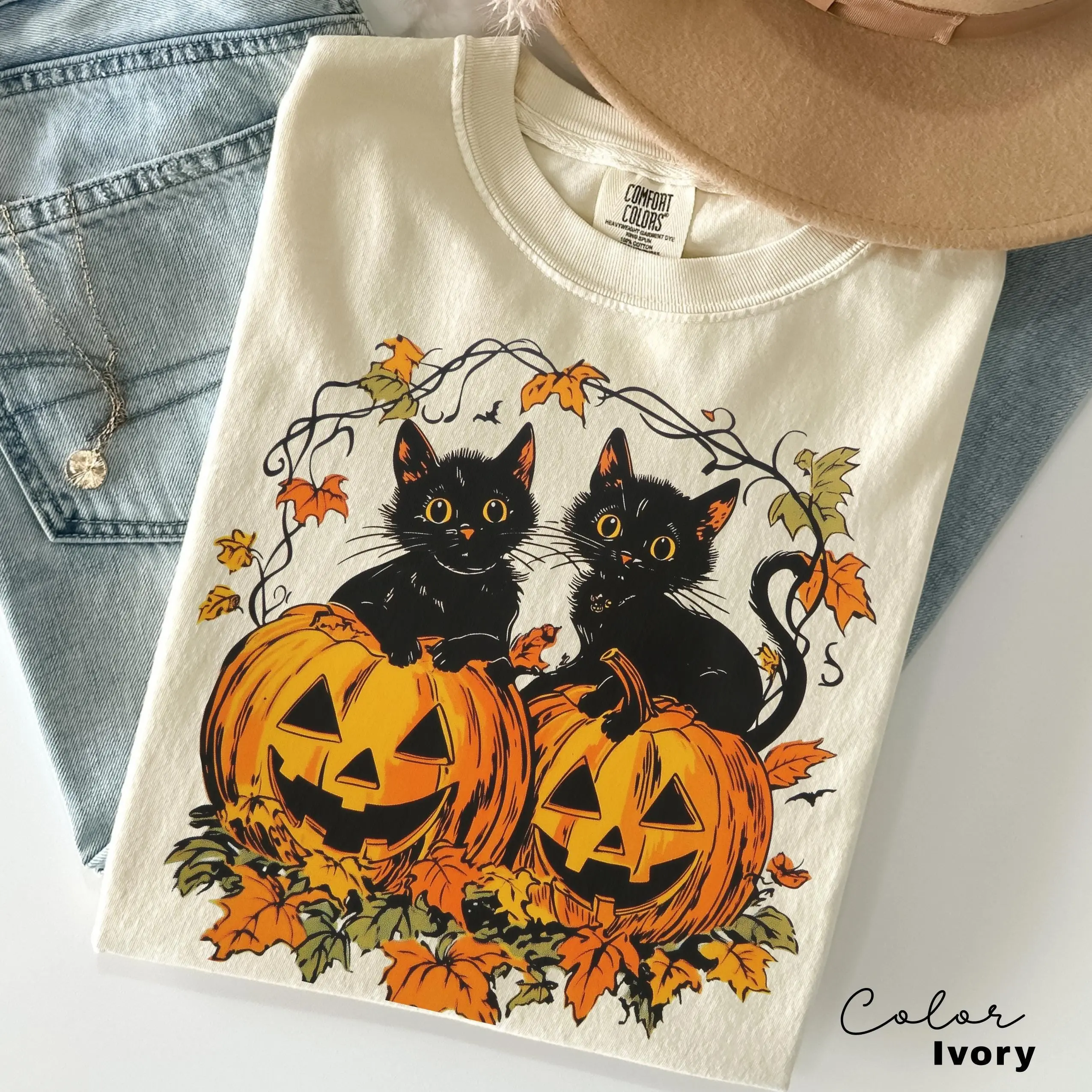 Comfort Colors Spooky Cat Halloween Shirt, Vintage 90s Retro Black Kitty Graphic Tee, Fall Gift