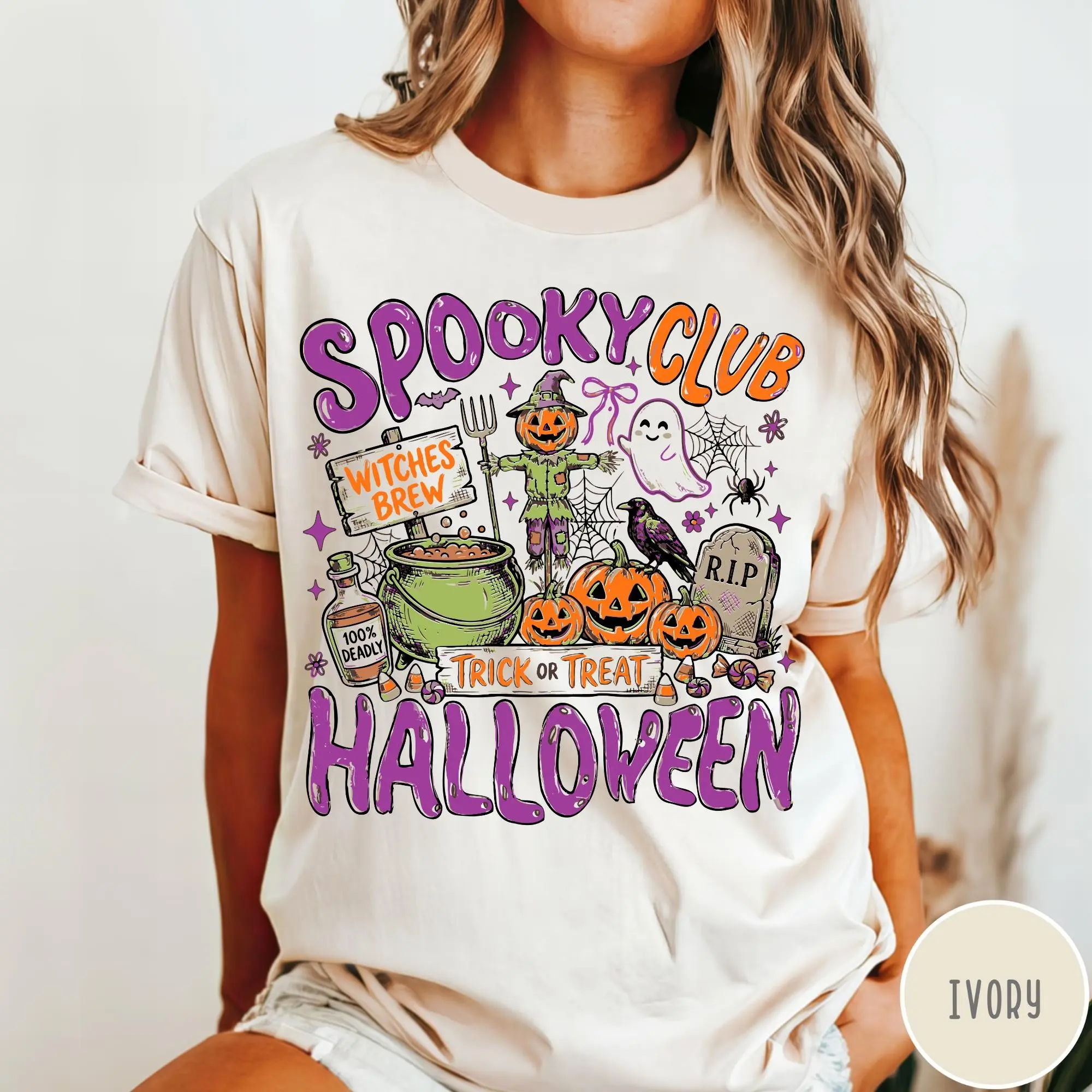 Comfort Colors Spooky Club Halloween Shirt, Retro Witchy Pumpkin Witch Graphic Tee Lover Gift