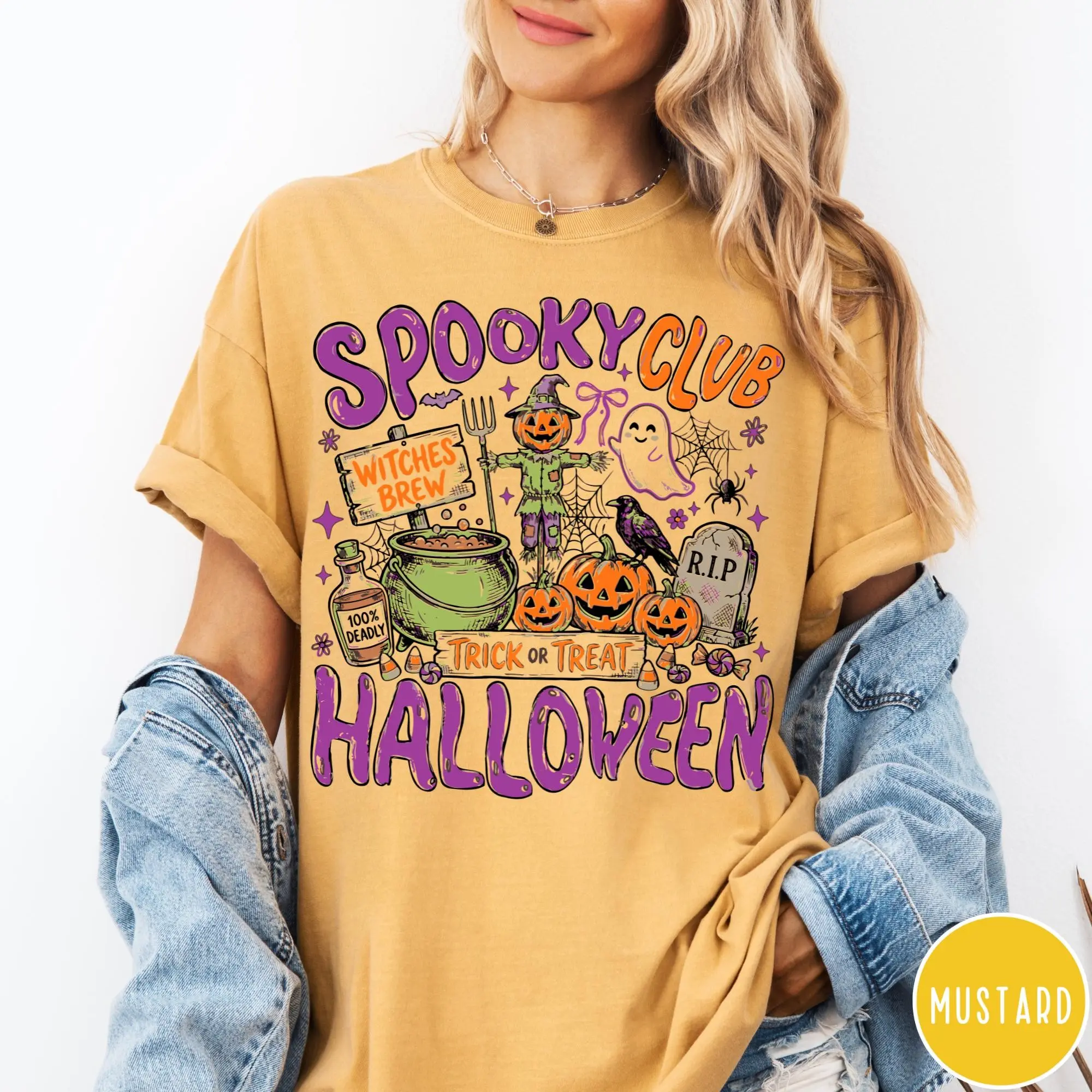 Comfort Colors Spooky Club Halloween Shirt, Retro Witchy Pumpkin Witch Graphic Tee Lover Gift - photo 2