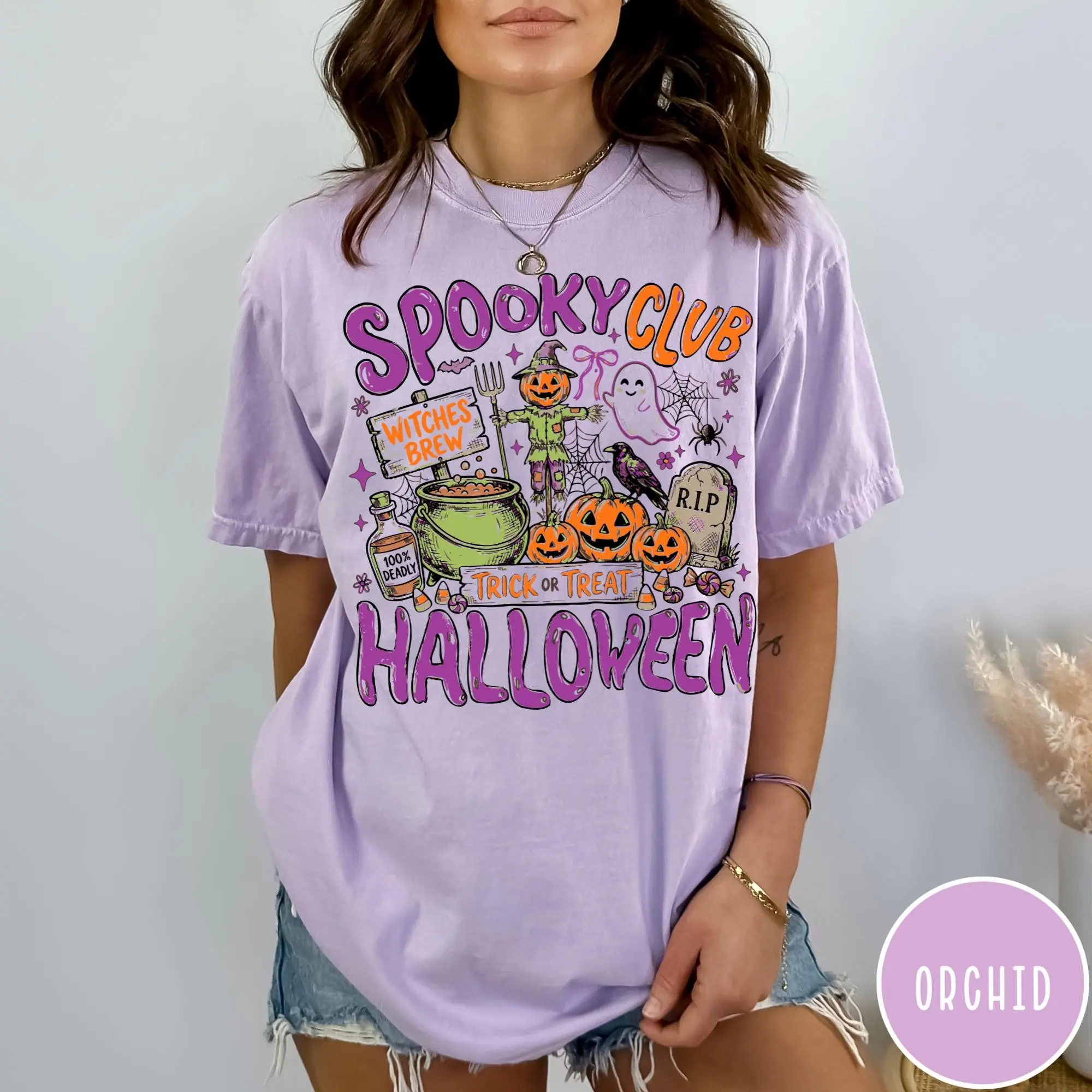 Comfort Colors Spooky Club Halloween Shirt, Retro Witchy Pumpkin Witch Graphic Tee Lover Gift - photo 3