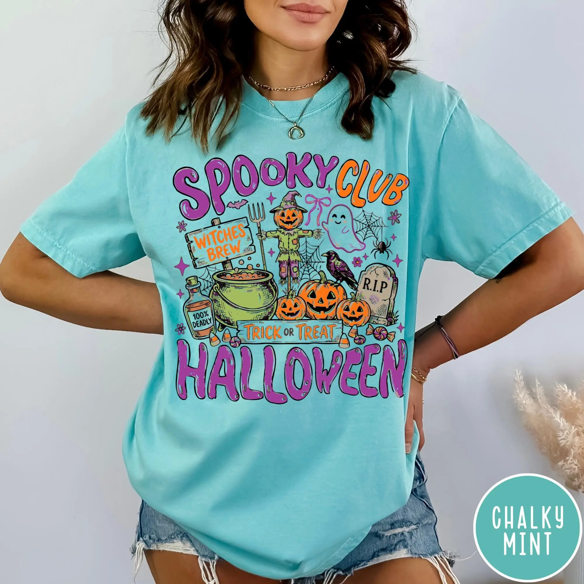 Comfort Colors Spooky Club Halloween Shirt, Retro Witchy Pumpkin Witch Graphic Tee Lover Gift - photo 4