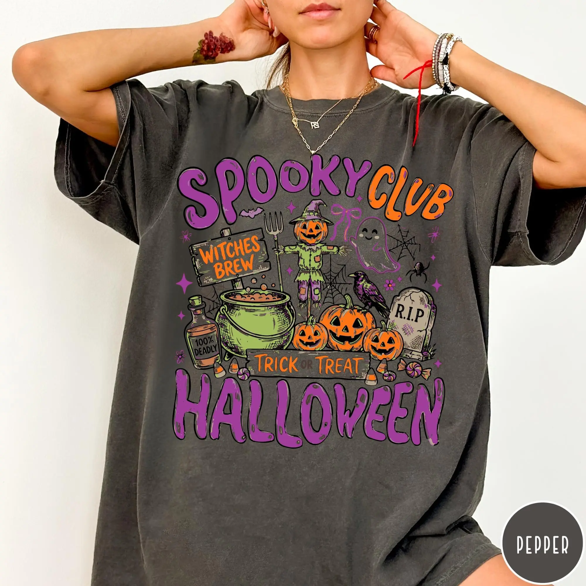 Comfort Colors Spooky Club Halloween Shirt, Retro Witchy Pumpkin Witch Graphic Tee Lover Gift - photo 5