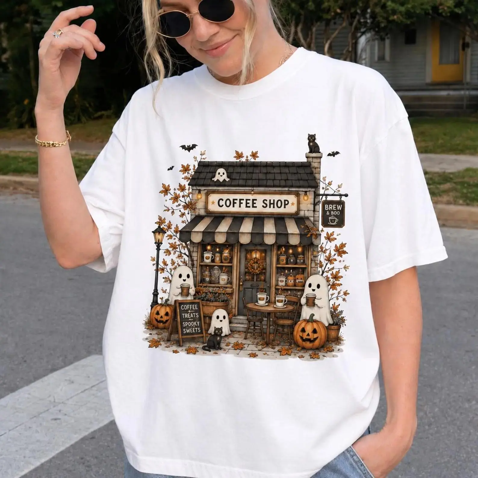Comfort Colors Spooky Coffee Shop Shirt, Halloween Ghost Lover Tee, Fall Season Graphic Top