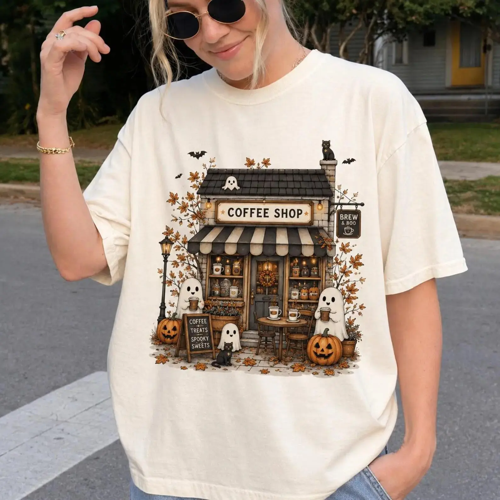 Comfort Colors Spooky Coffee Shop Shirt, Halloween Ghost Lover Tee, Fall Season Graphic Top - photo 2