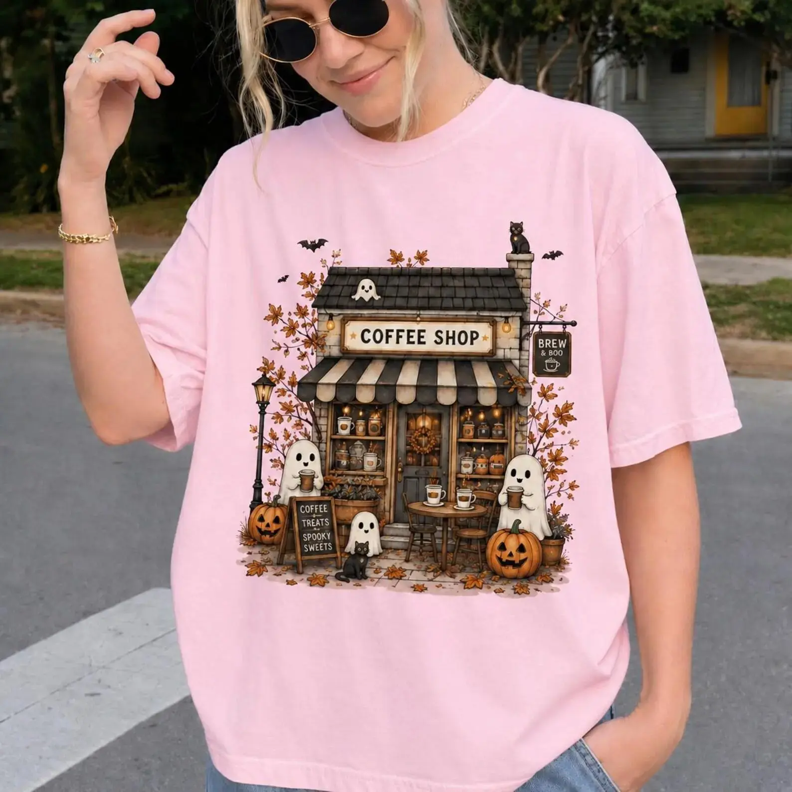 Comfort Colors Spooky Coffee Shop Shirt, Halloween Ghost Lover Tee, Fall Season Graphic Top - photo 3