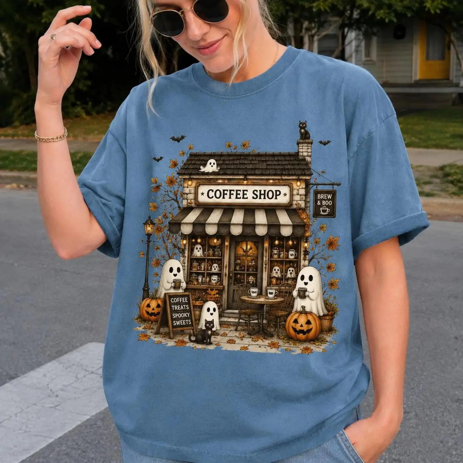 Comfort Colors Spooky Coffee Shop Shirt, Halloween Ghost Lover Tee, Fall Season Graphic Top - photo 4