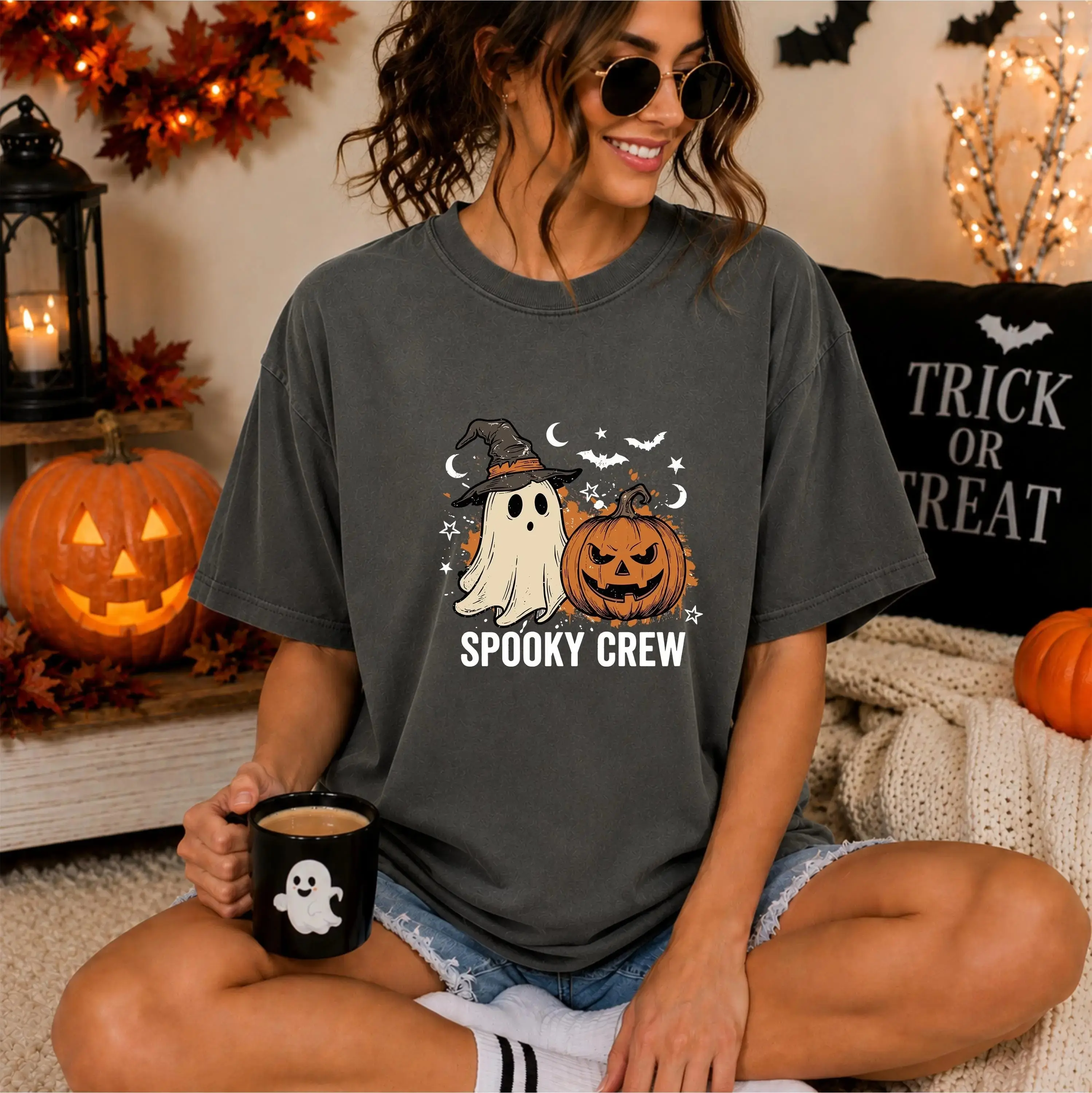 Comfort Colors Spooky Crew Halloween Shirt, Cute Funny Ghost Pumpkin Fall Graphic Tee for Women