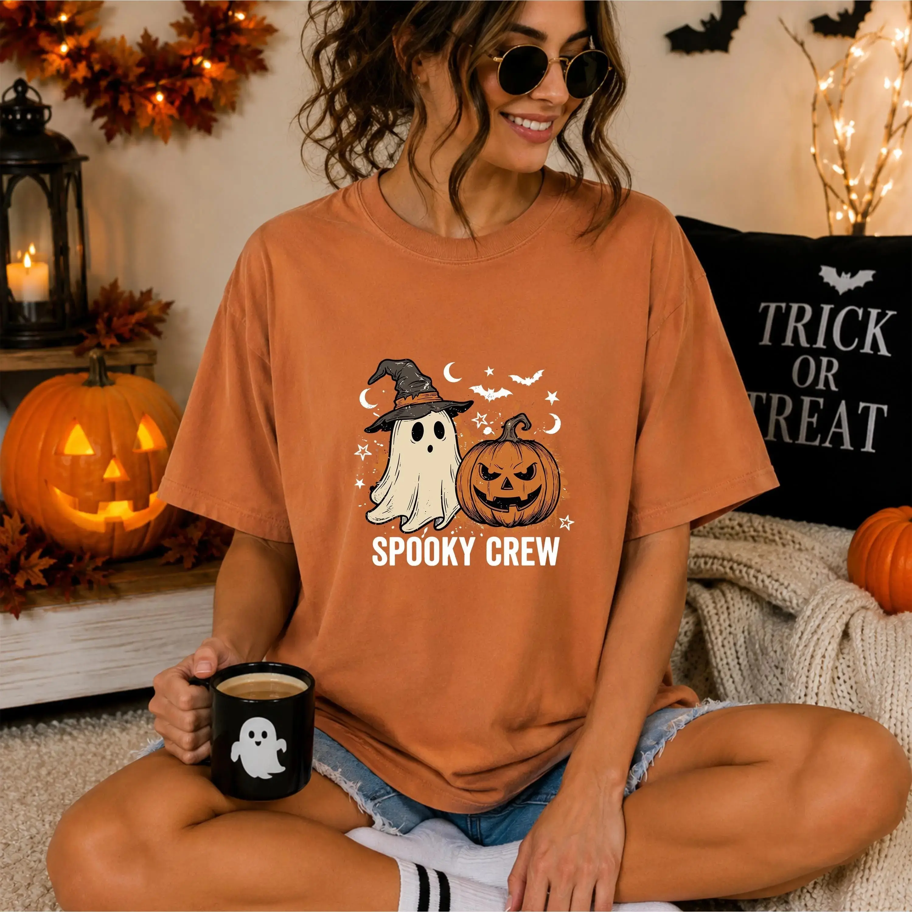Comfort Colors Spooky Crew Halloween Shirt, Cute Funny Ghost Pumpkin Fall Graphic Tee for Women - photo 4