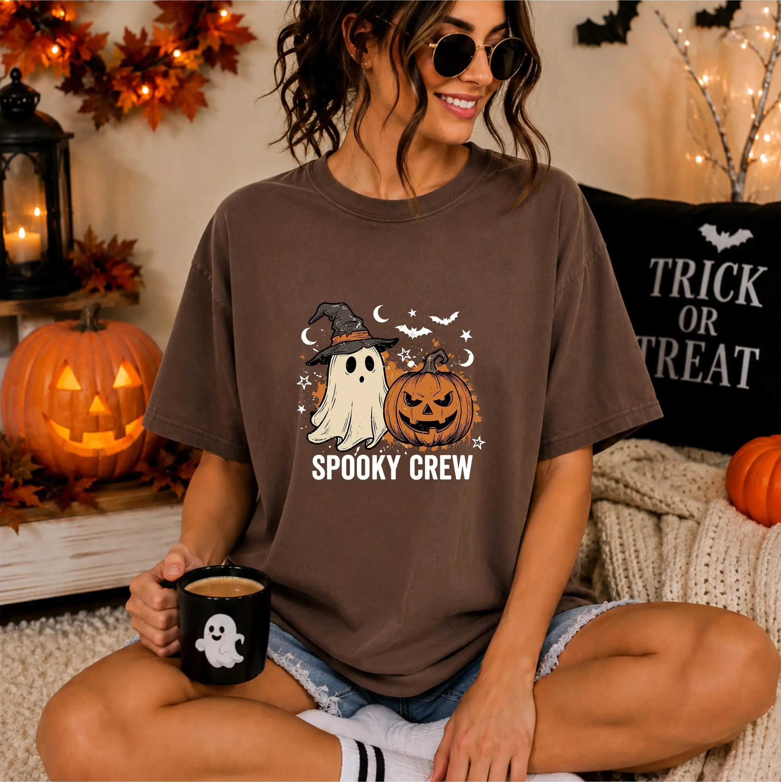 Comfort Colors Spooky Crew Halloween Shirt, Cute Funny Ghost Pumpkin Fall Graphic Tee for Women - photo 5
