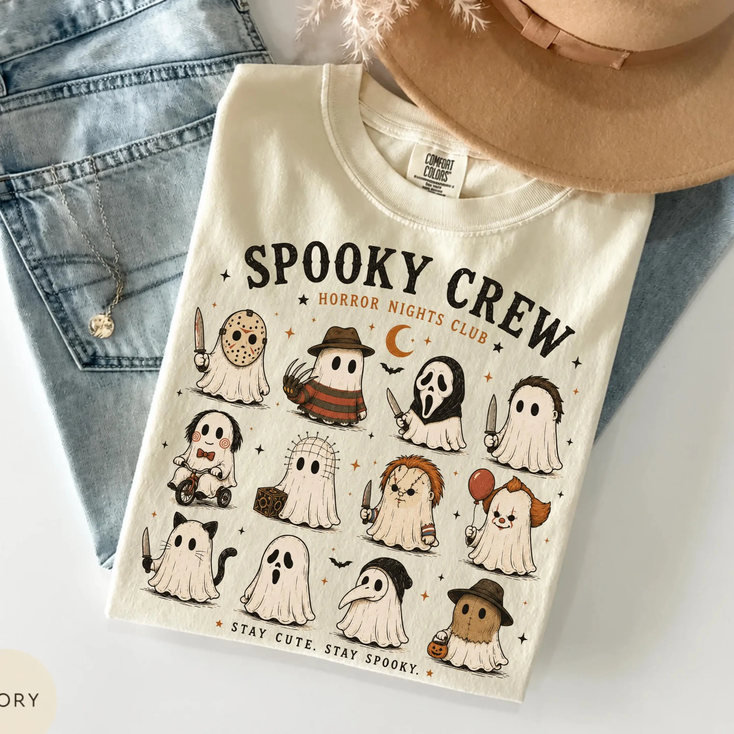 Comfort Colors Spooky Crew Shirt, Horror Nights Club Cute Ghost Funny Halloween Season Graphic Tee