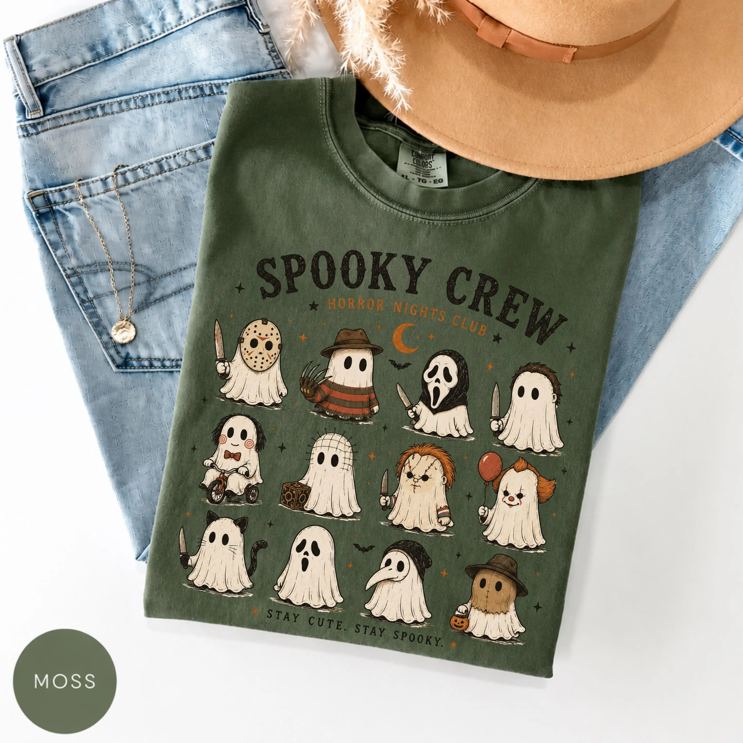 Comfort Colors Spooky Crew Shirt, Horror Nights Club Cute Ghost Funny Halloween Season Graphic Tee - photo 3