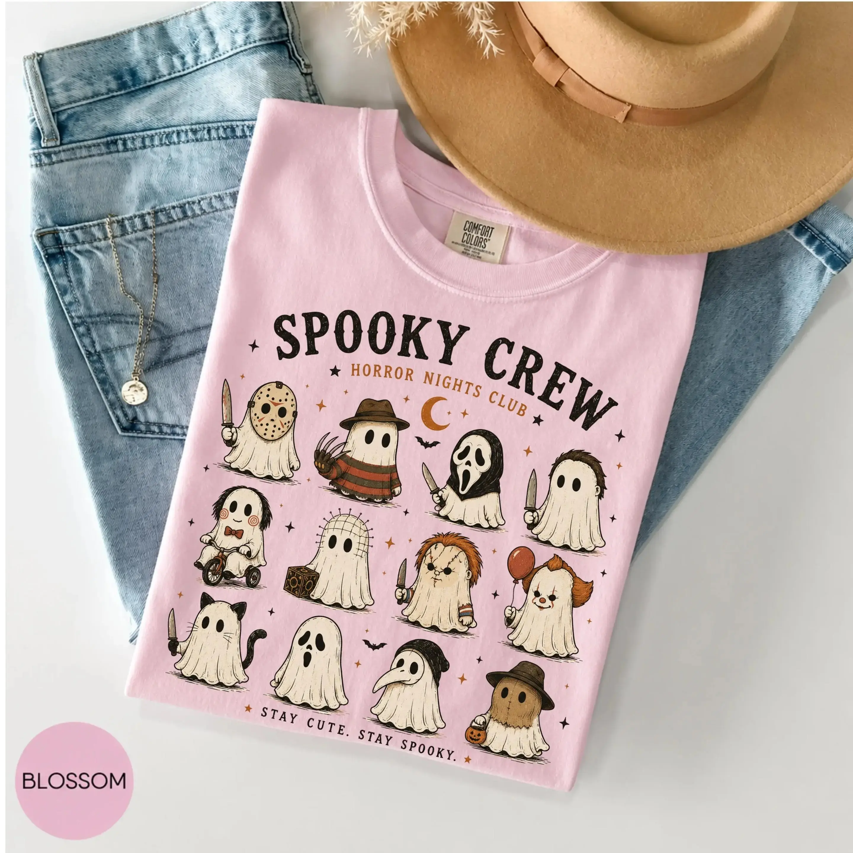 Comfort Colors Spooky Crew Shirt, Cute Ghost Horror Nights Club Halloween Trendy Fall Tee for Women