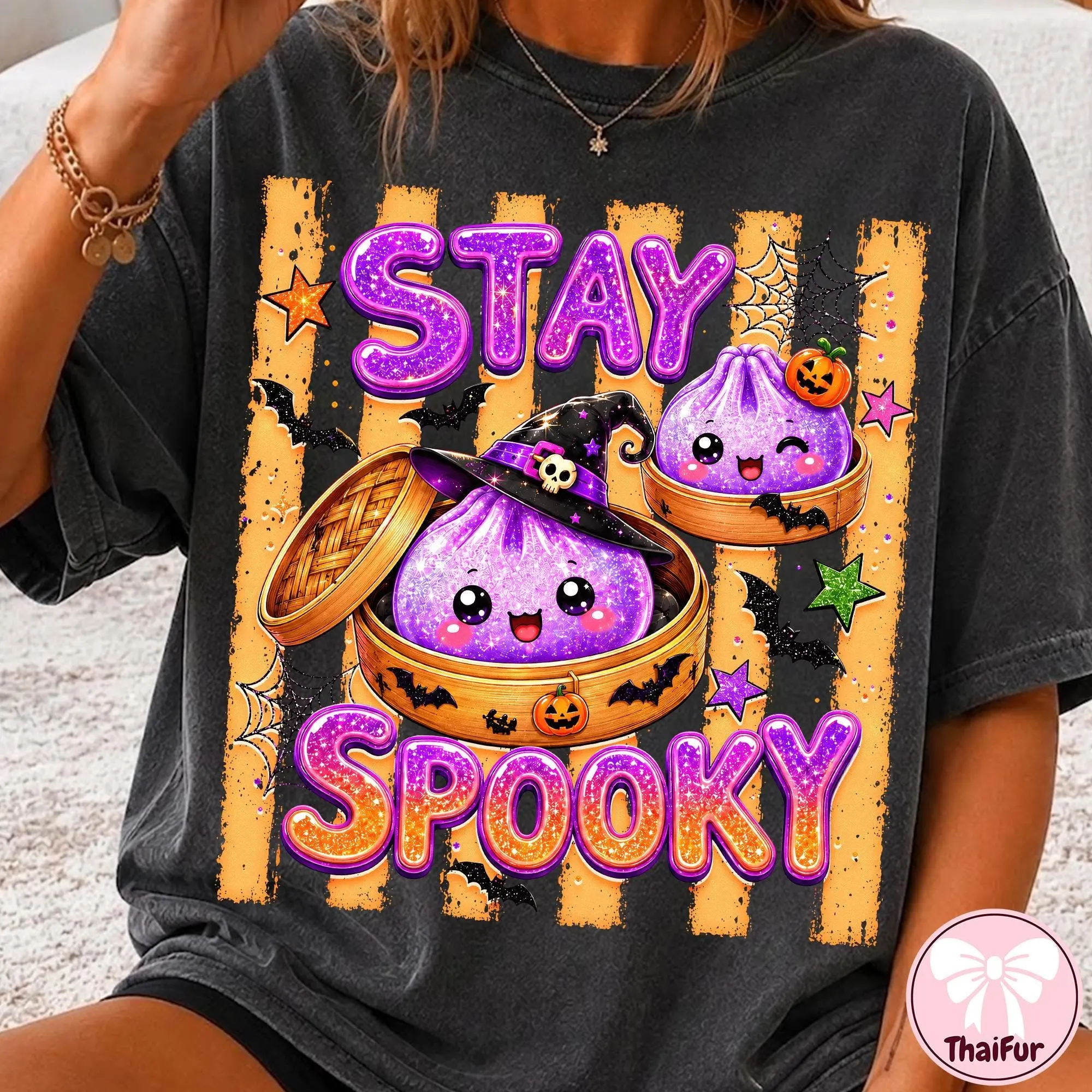 Comfort Colors Spooky Dumpling Shirt, Kawaii Cute Ghost Witch Glitter Halloween Womens Funny Graphic Tee - photo 2