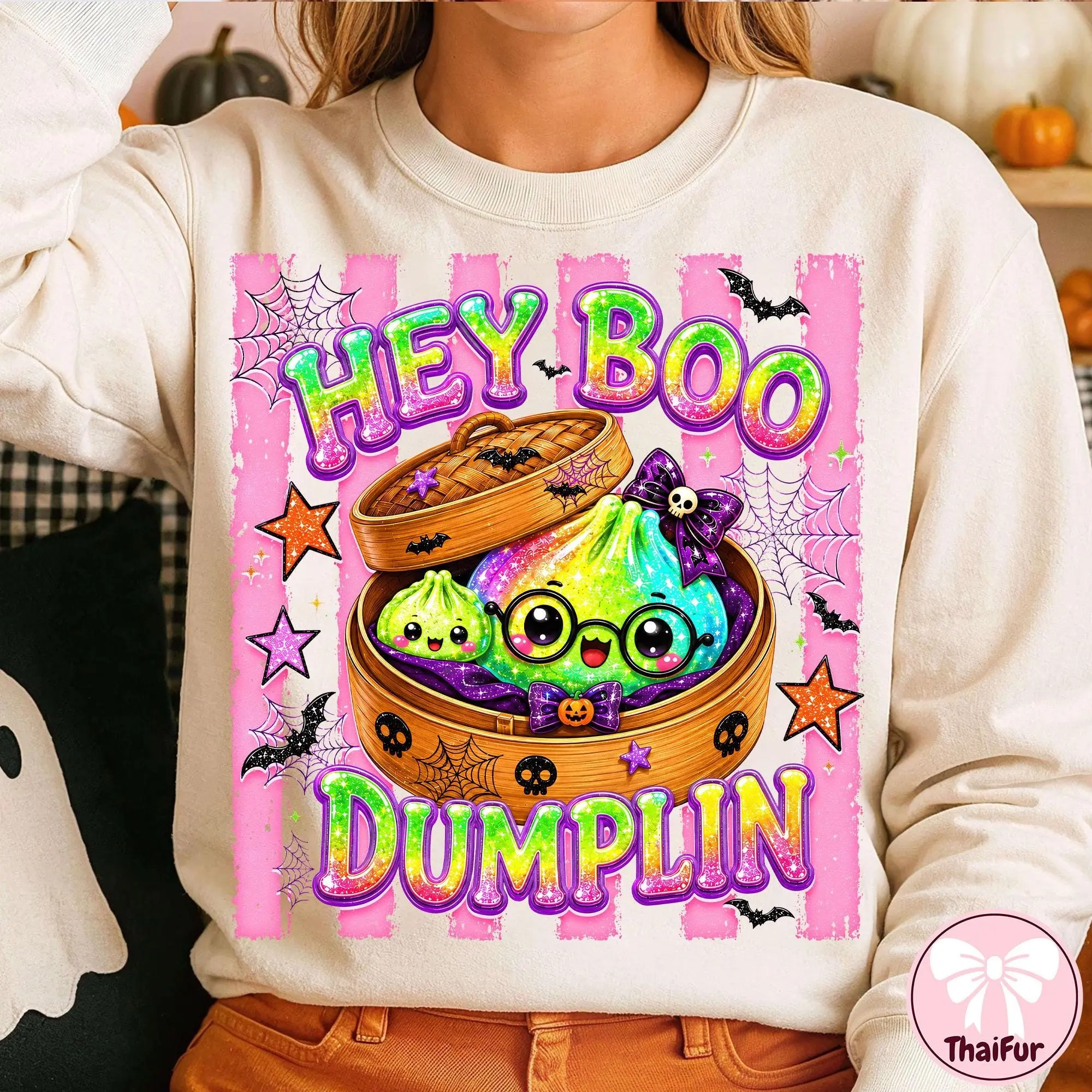 Comfort Colors Spooky Dumpling Shirt, Kawaii Cute Ghost Witch Glitter Halloween Womens Funny Graphic Tee - photo 4