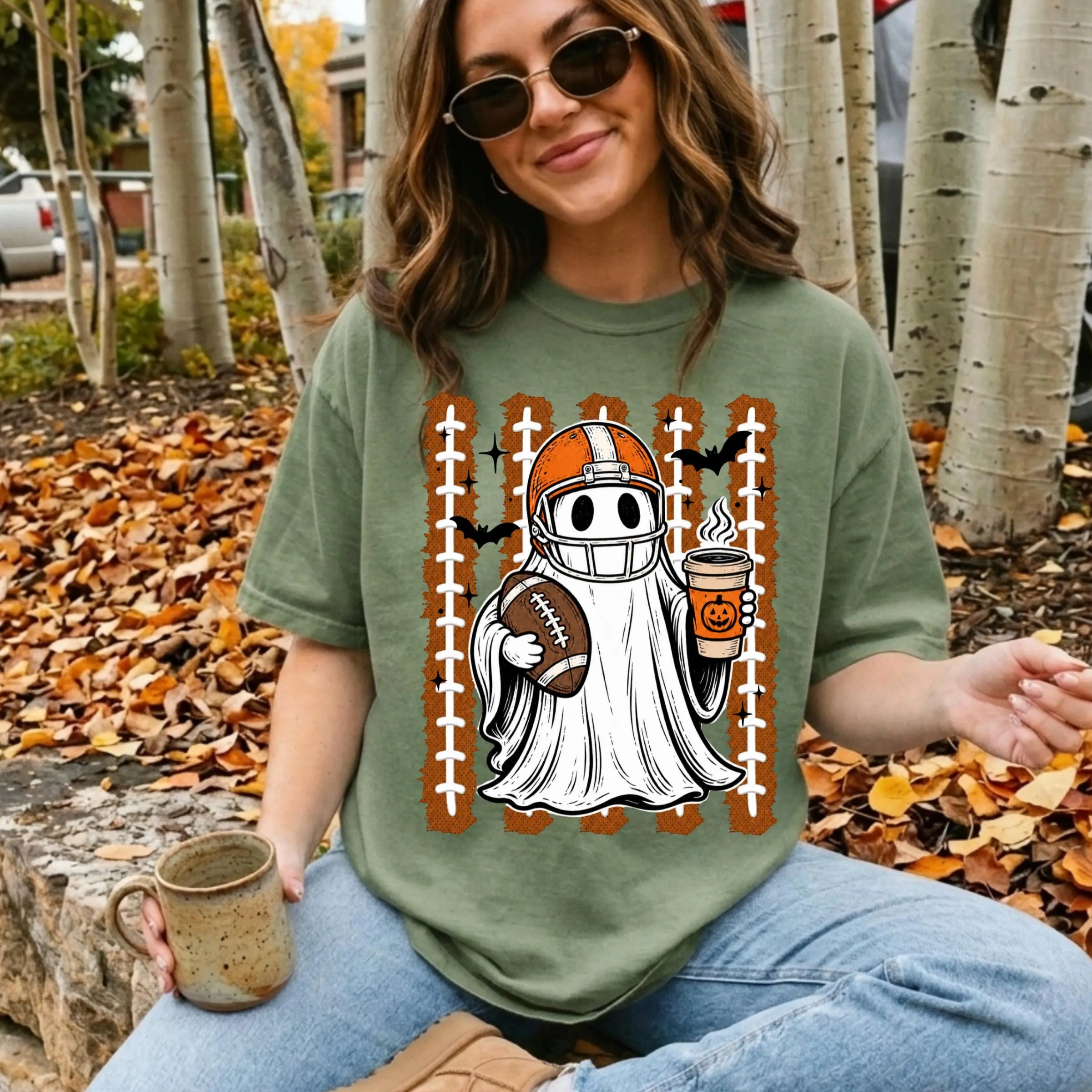 Comfort Colors Spooky Football Ghost Shirt, Halloween Game Day Fall Fan Tee, Pumpkin Coffee Gift