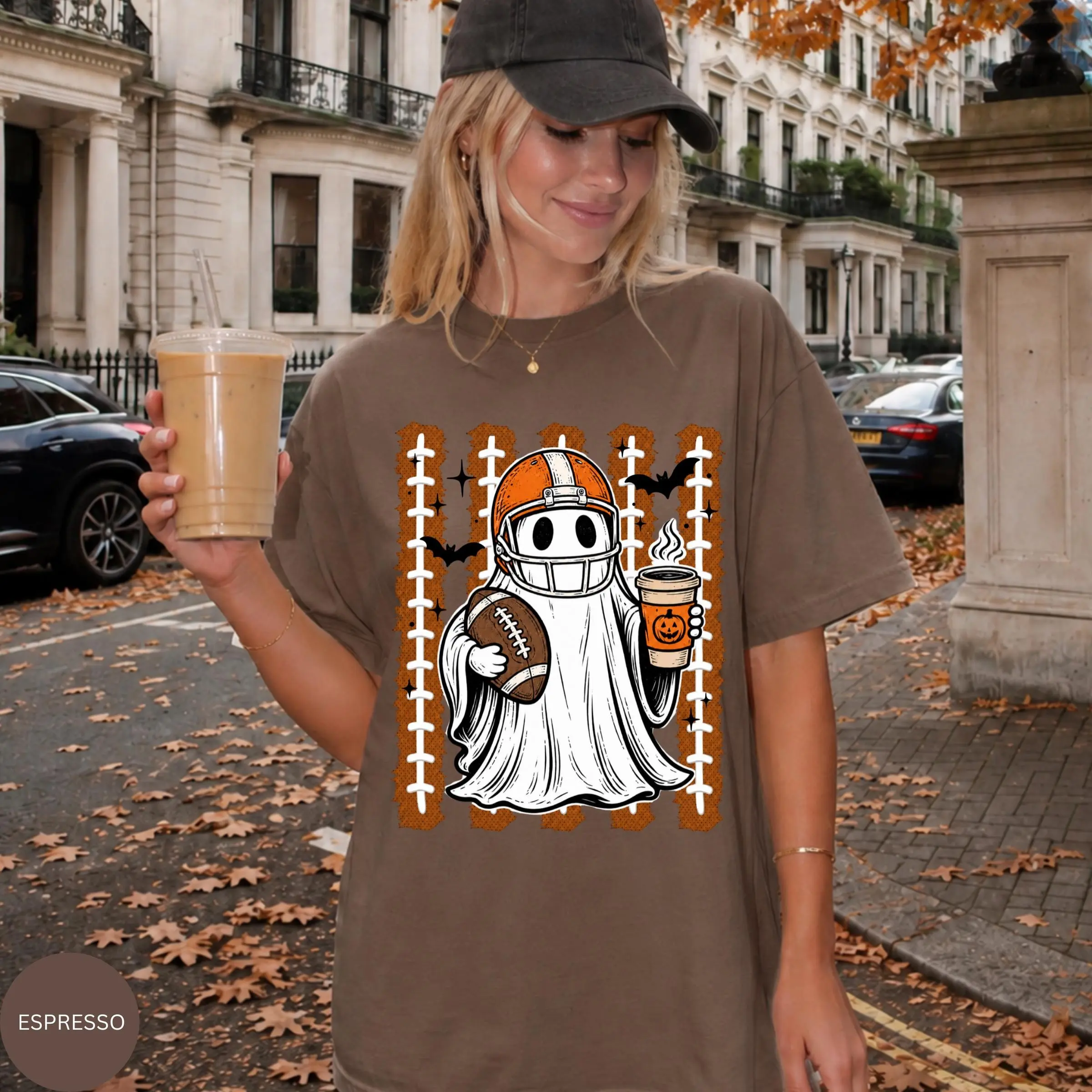 Comfort Colors Spooky Football Ghost Shirt, Halloween Game Day Fall Fan Tee, Pumpkin Coffee Gift - photo 2
