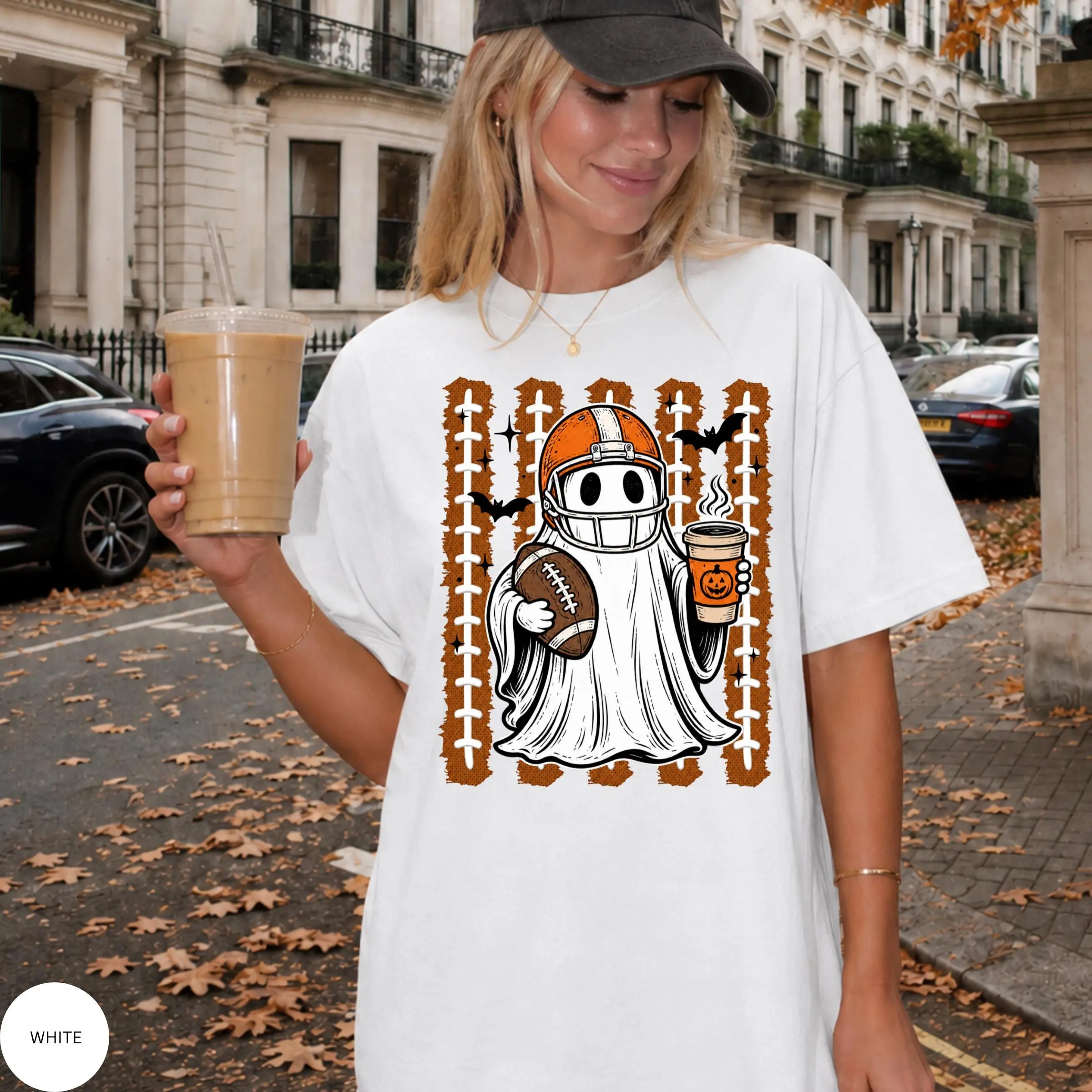 Comfort Colors Spooky Football Ghost Shirt, Halloween Game Day Fall Fan Tee, Pumpkin Coffee Gift - photo 3