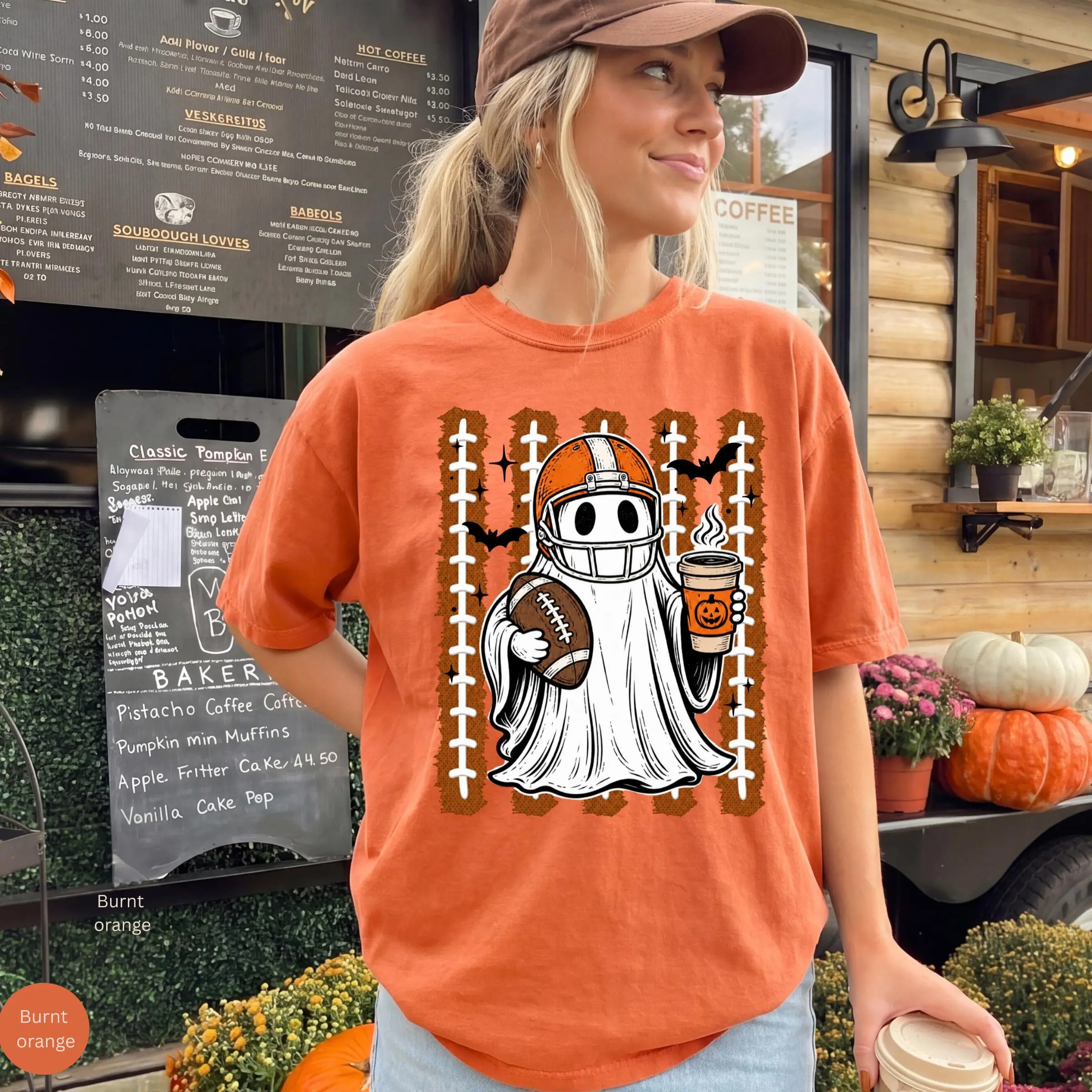 Comfort Colors Spooky Football Ghost Shirt, Halloween Game Day Fall Fan Tee, Pumpkin Coffee Gift - photo 4