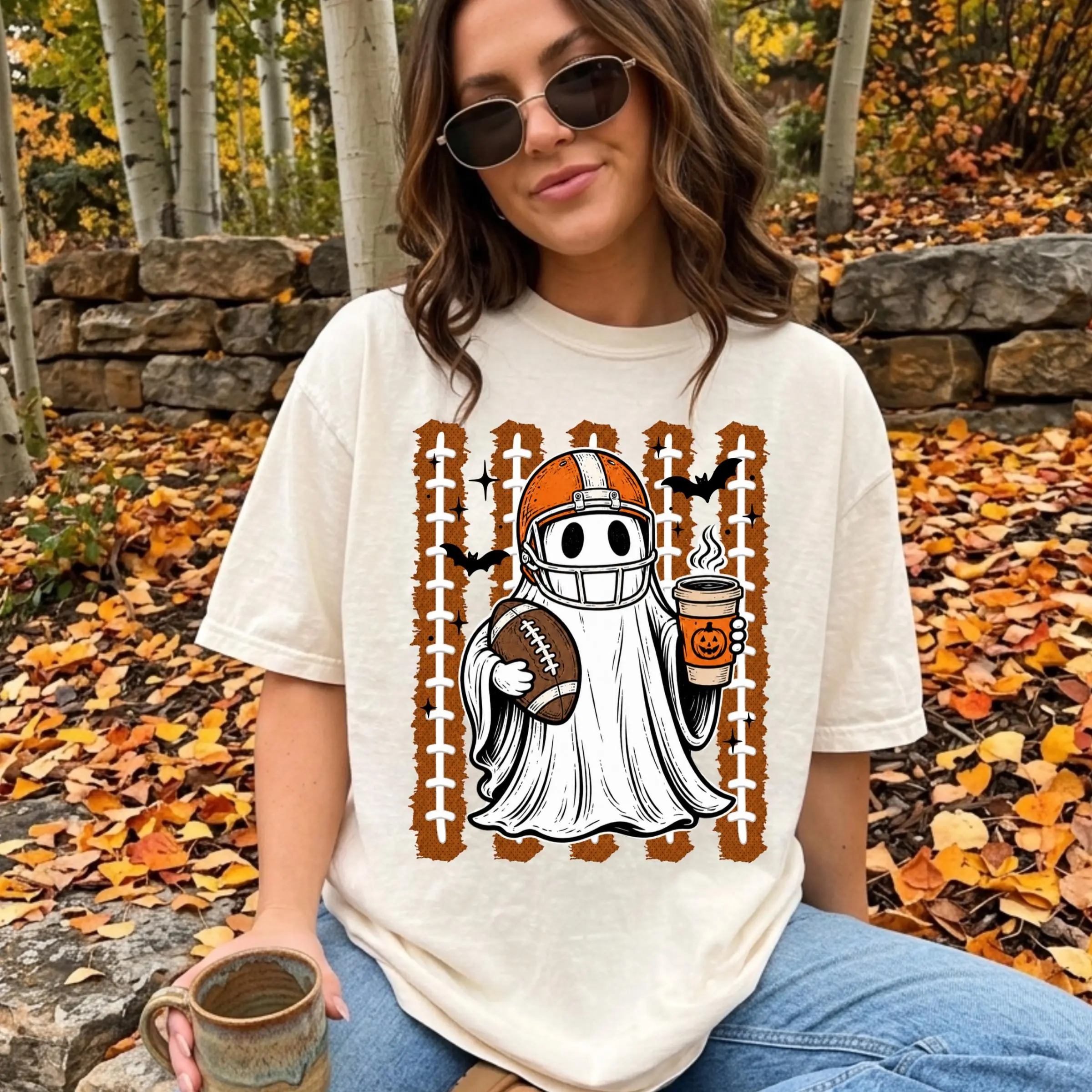 Comfort Colors Spooky Football Ghost Shirt, Halloween Game Day Fall Fan Tee, Pumpkin Coffee Gift - photo 5