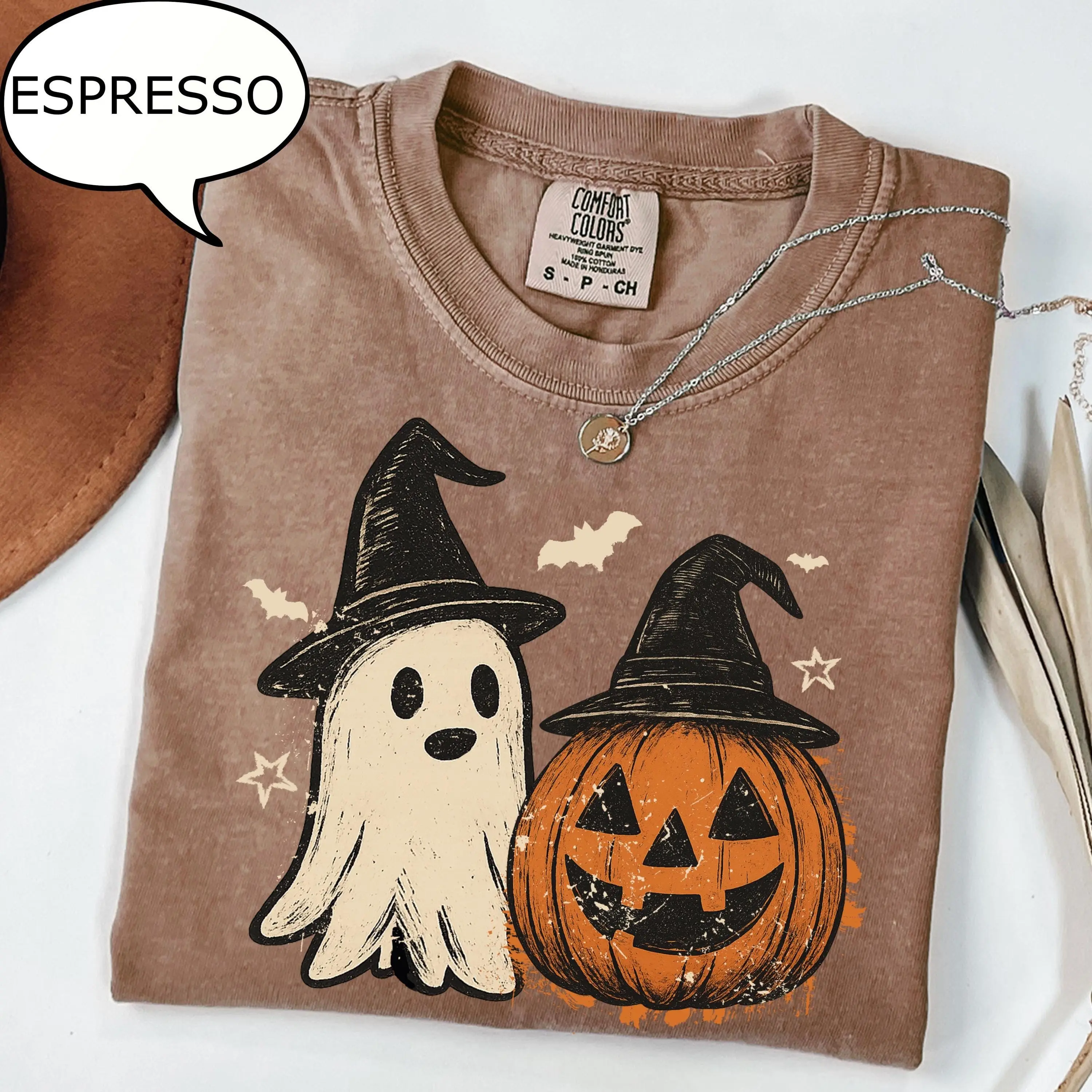 Comfort Colors Spooky Ghost And Pumpkin T-Shirt, Halloween Season Graphic Tee, Cute Fall Gift