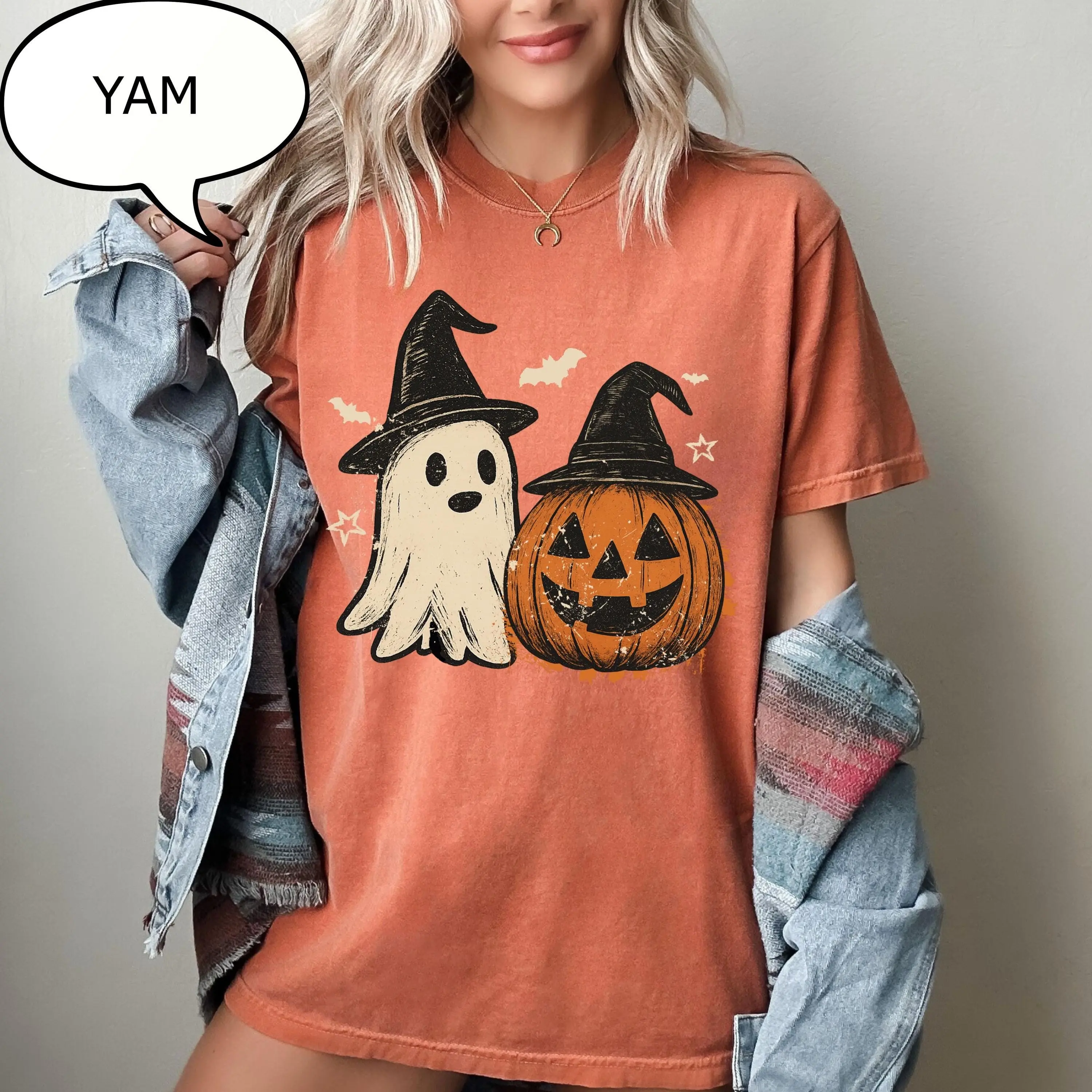 Comfort Colors Spooky Ghost And Pumpkin T-Shirt, Halloween Season Graphic Tee, Cute Fall Gift - photo 3
