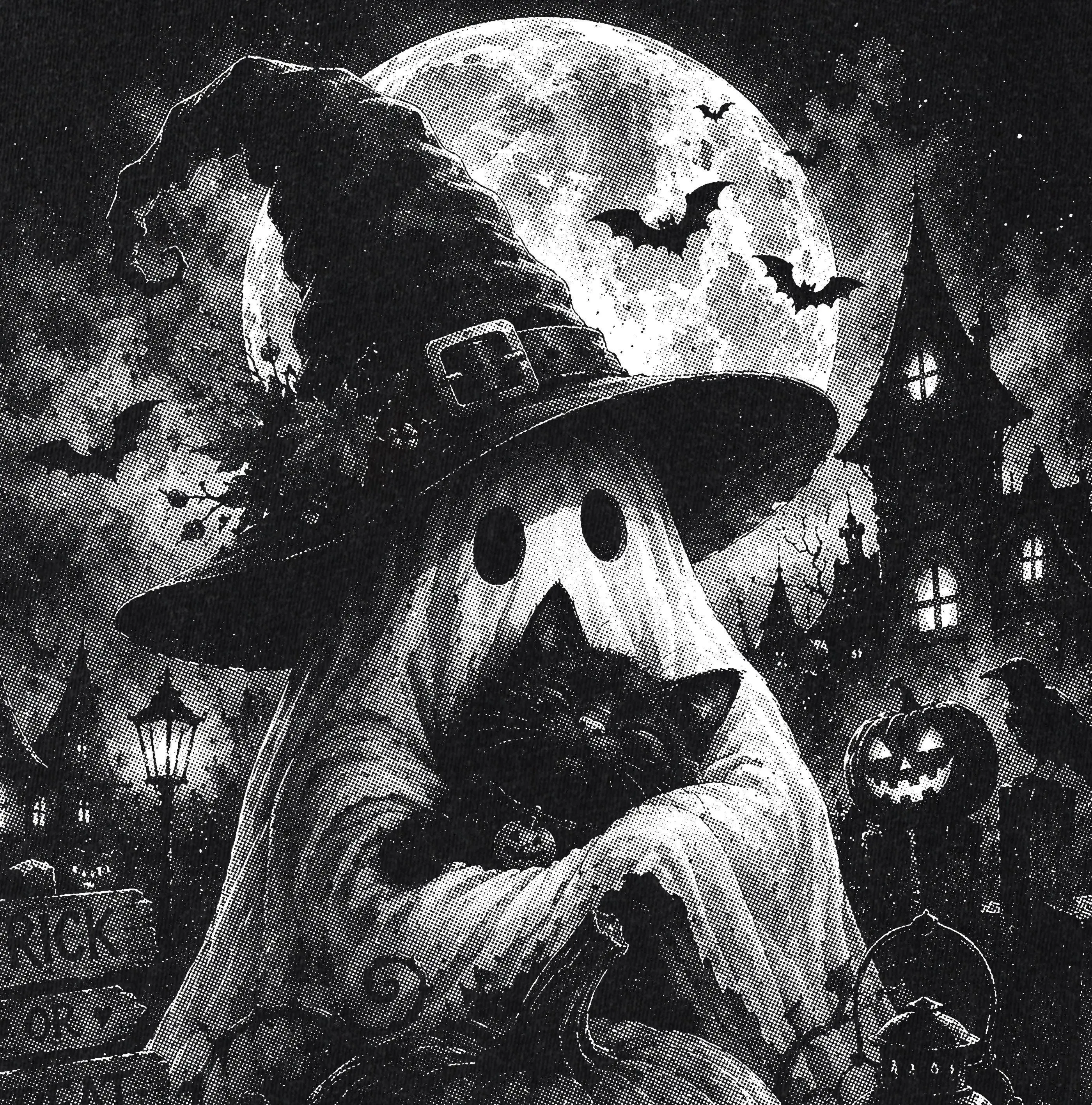 Comfort Colors Spooky Ghost Cat Halftone Shirt, Gothic Autumn Halloween Animal Graphic Tee for Pet Lovers - photo 2