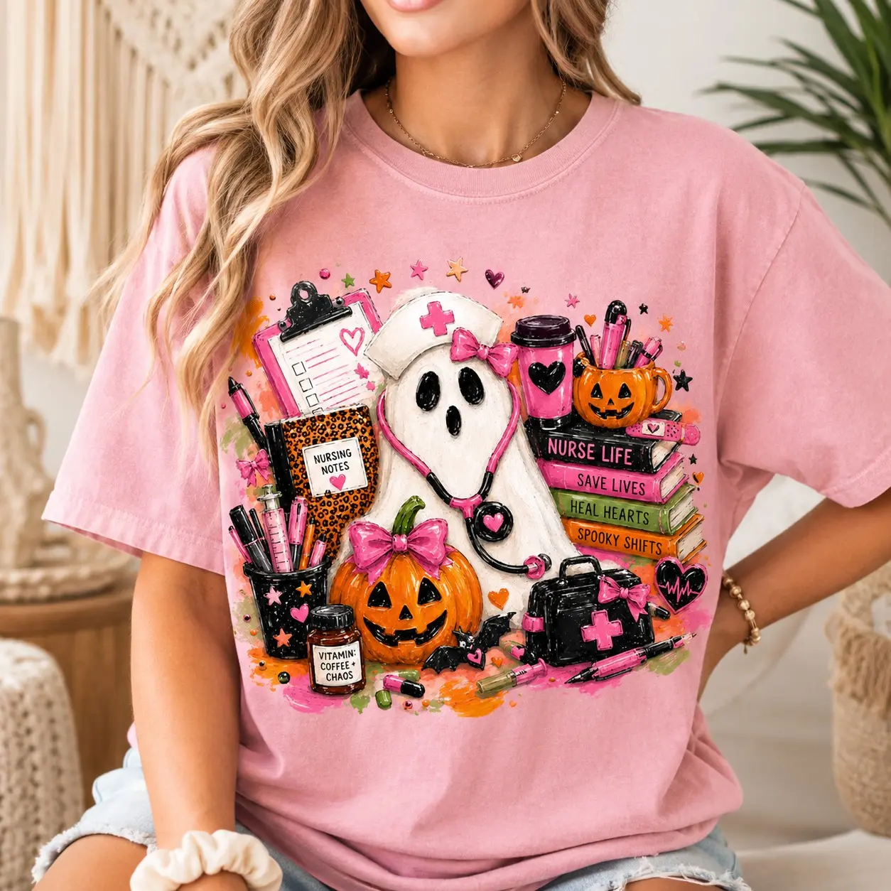 Comfort Colors Spooky Ghost Nurse Shirt, Stethoscope Medical Vintage Tee for Ladies, Halloween Party Top