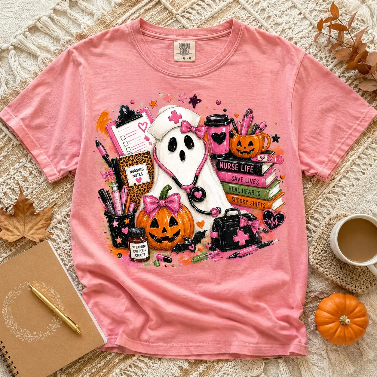 Comfort Colors Spooky Ghost Nurse Shirt, Stethoscope Medical Vintage Tee for Ladies, Halloween Party Top - photo 2