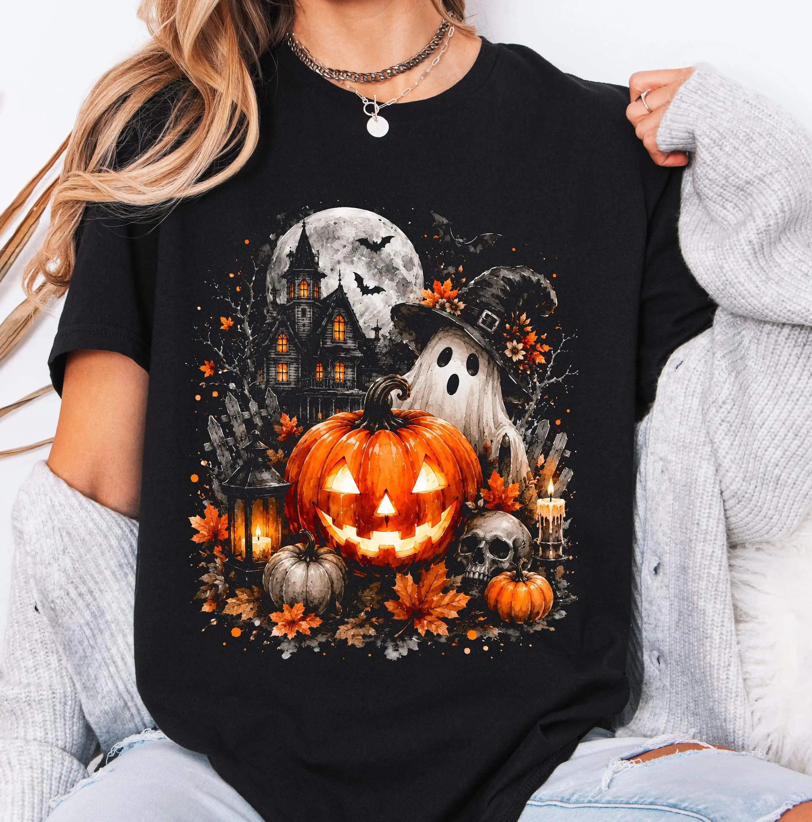 Comfort Colors Spooky Ghost Pumpkin Shirt, Vintage Retro Haunted House Halloween Gothic Fall Tee