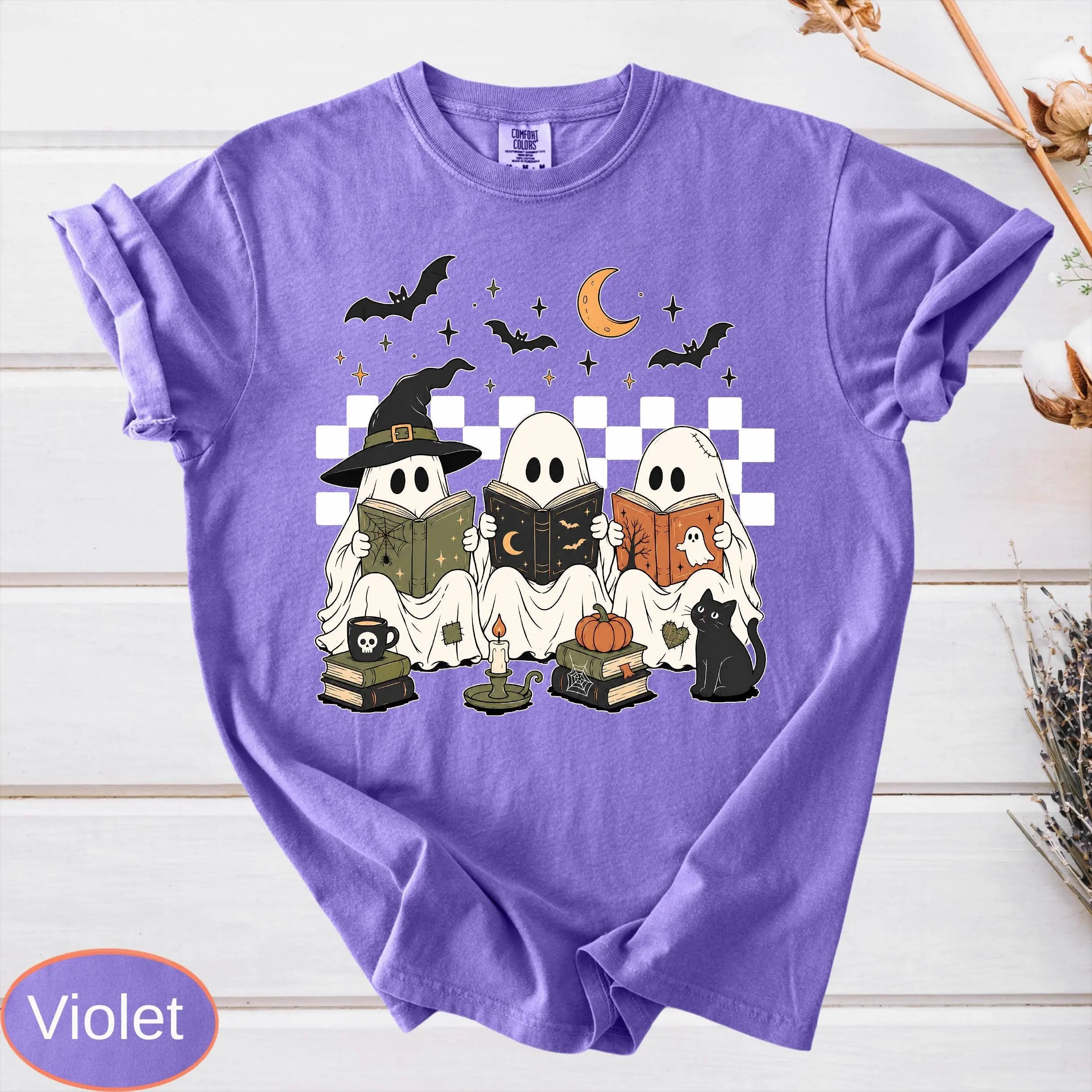 Comfort Colors Spooky Ghost Reading Books Shirt, Trendy Librarian Halloween Tee, Boo Fall Season T-Shirt