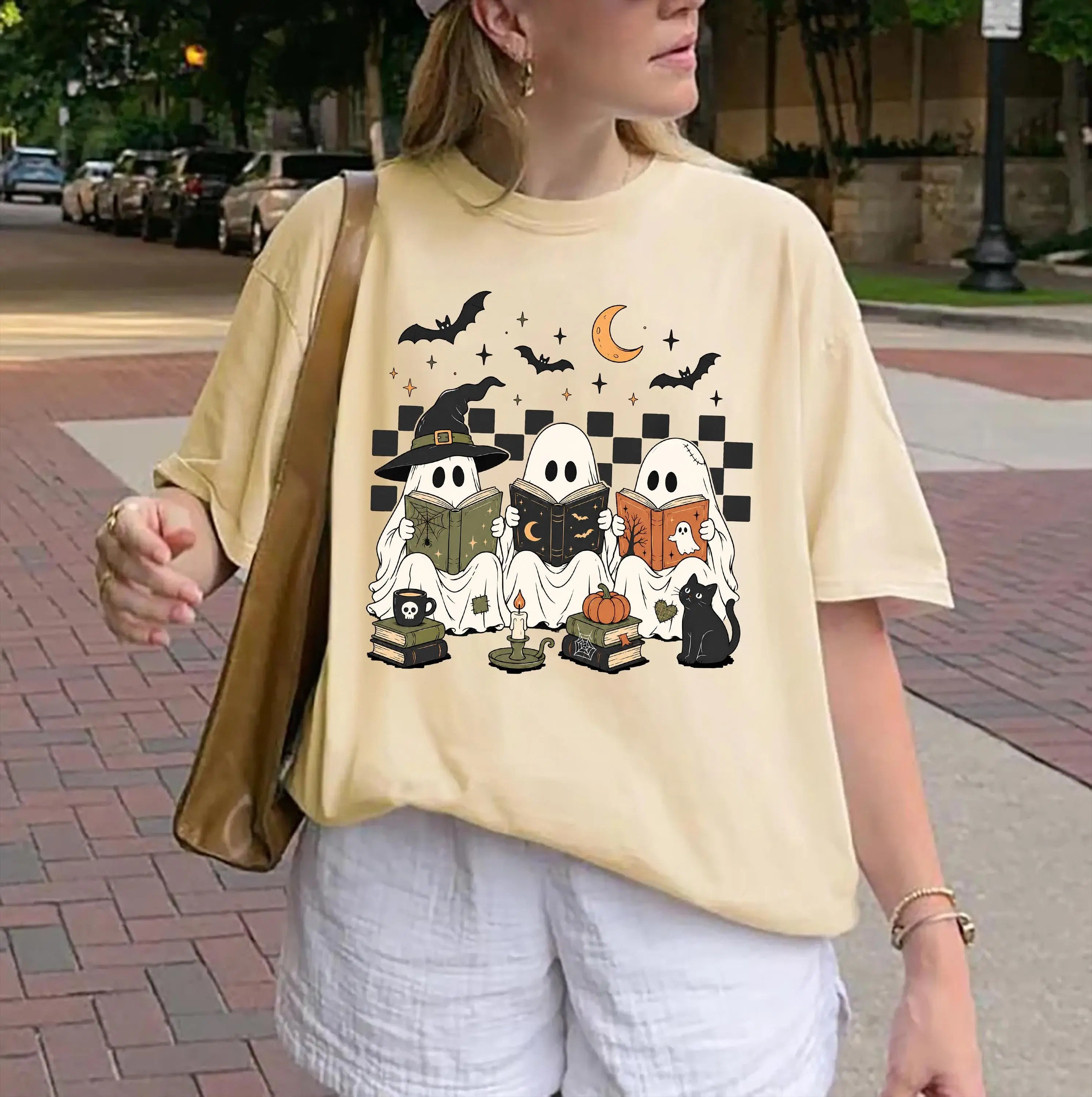 Comfort Colors Spooky Ghost Reading Books Shirt, Trendy Librarian Halloween Tee, Boo Fall Season T-Shirt - photo 2
