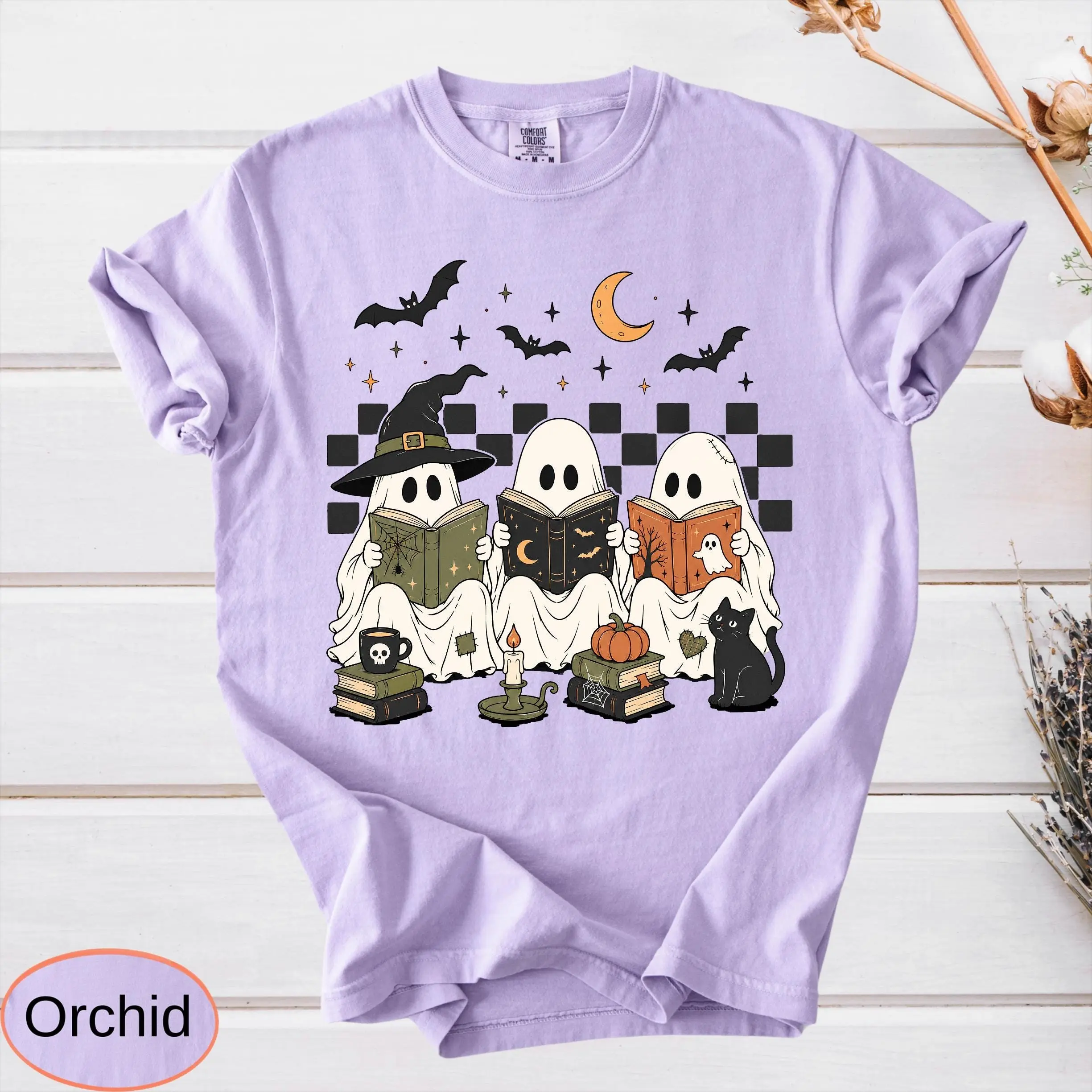 Comfort Colors Spooky Ghost Reading Books Shirt, Trendy Librarian Halloween Tee, Boo Fall Season T-Shirt - photo 3