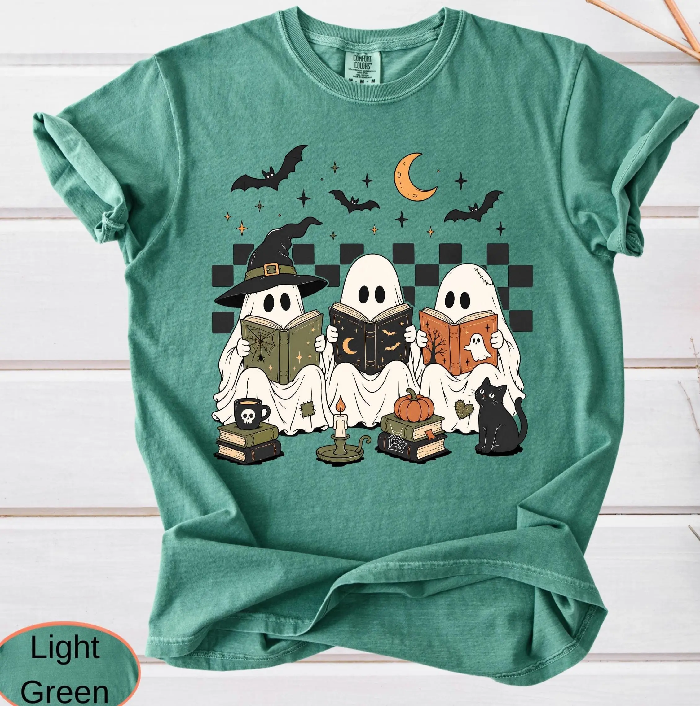Comfort Colors Spooky Ghost Reading Books Shirt, Trendy Librarian Halloween Tee, Boo Fall Season T-Shirt - photo 4