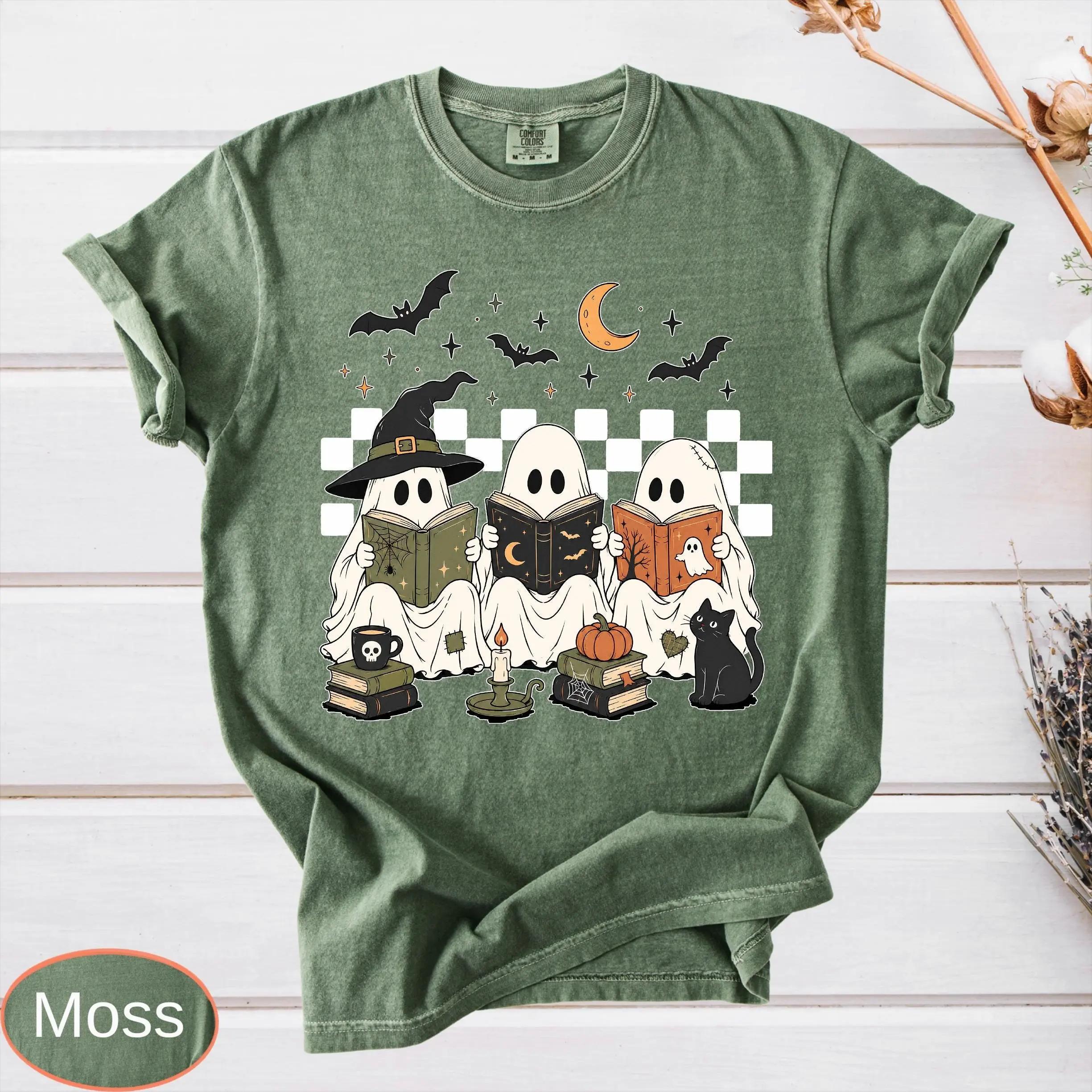 Comfort Colors Spooky Ghost Reading Books Shirt, Trendy Librarian Halloween Tee, Boo Fall Season T-Shirt - photo 5