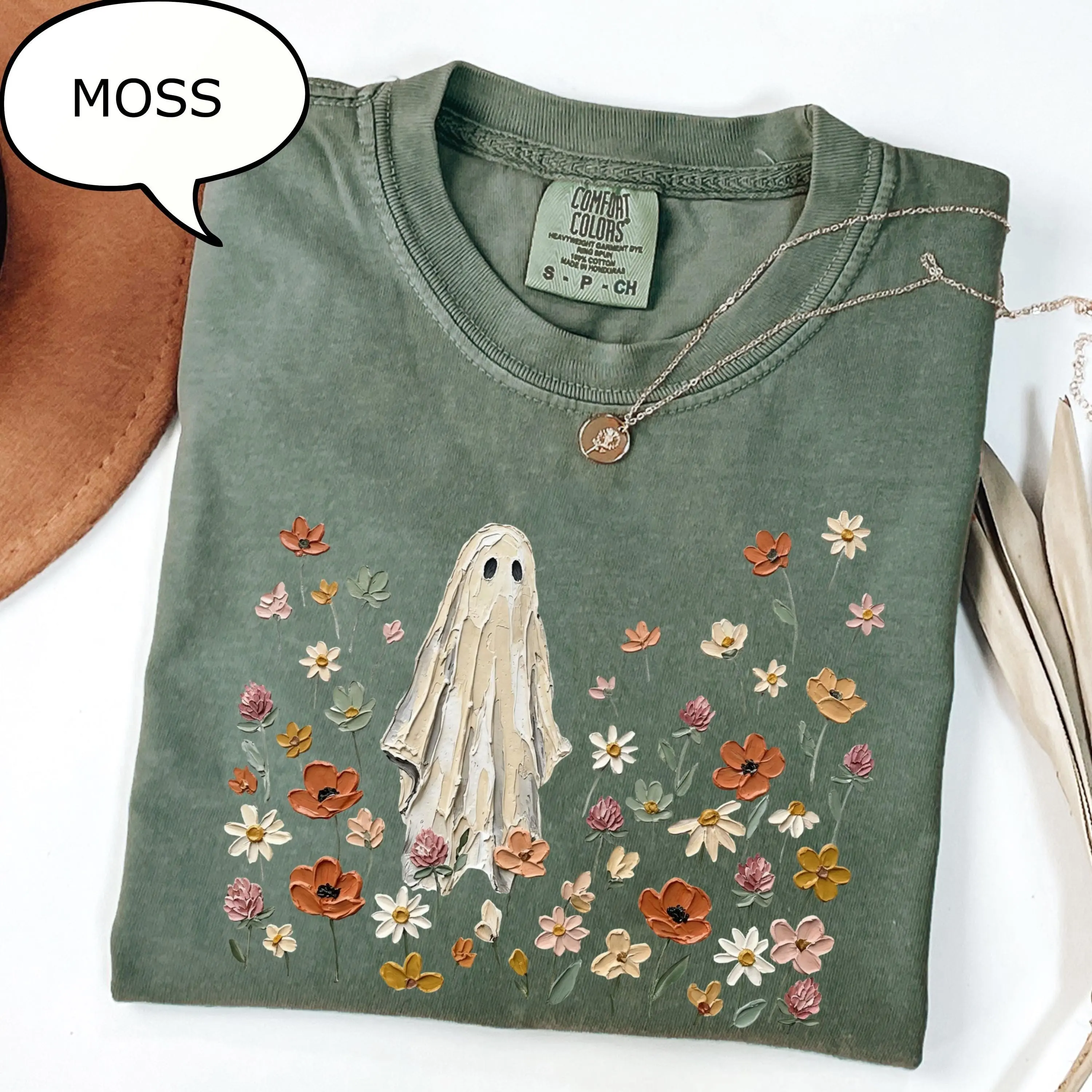 Comfort Colors Spooky Ghost T-Shirt, Floral Halloween Graphic Tee, Nature Lover Fall Gift