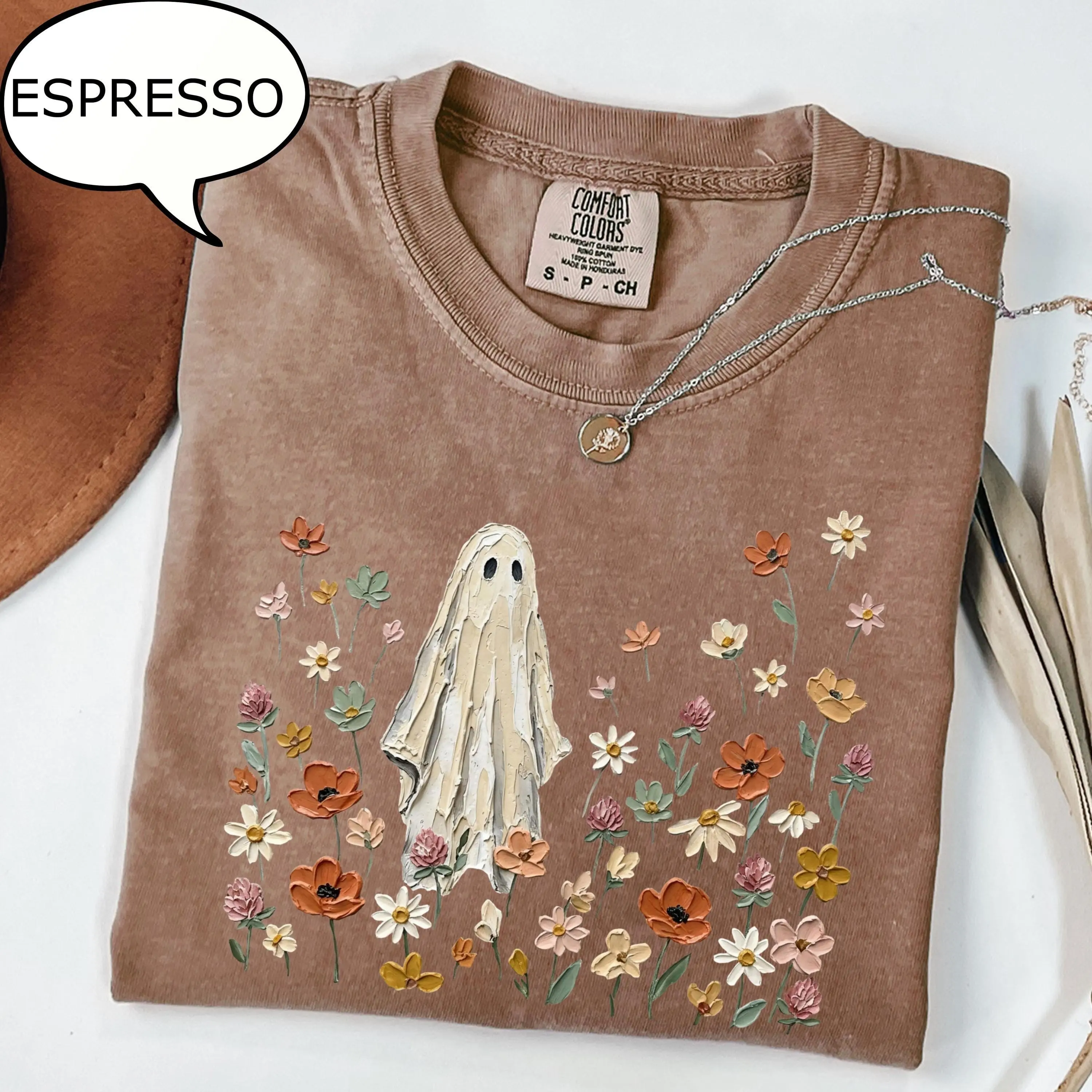 Comfort Colors Spooky Ghost T-Shirt, Floral Halloween Graphic Tee, Nature Lover Fall Gift - photo 2