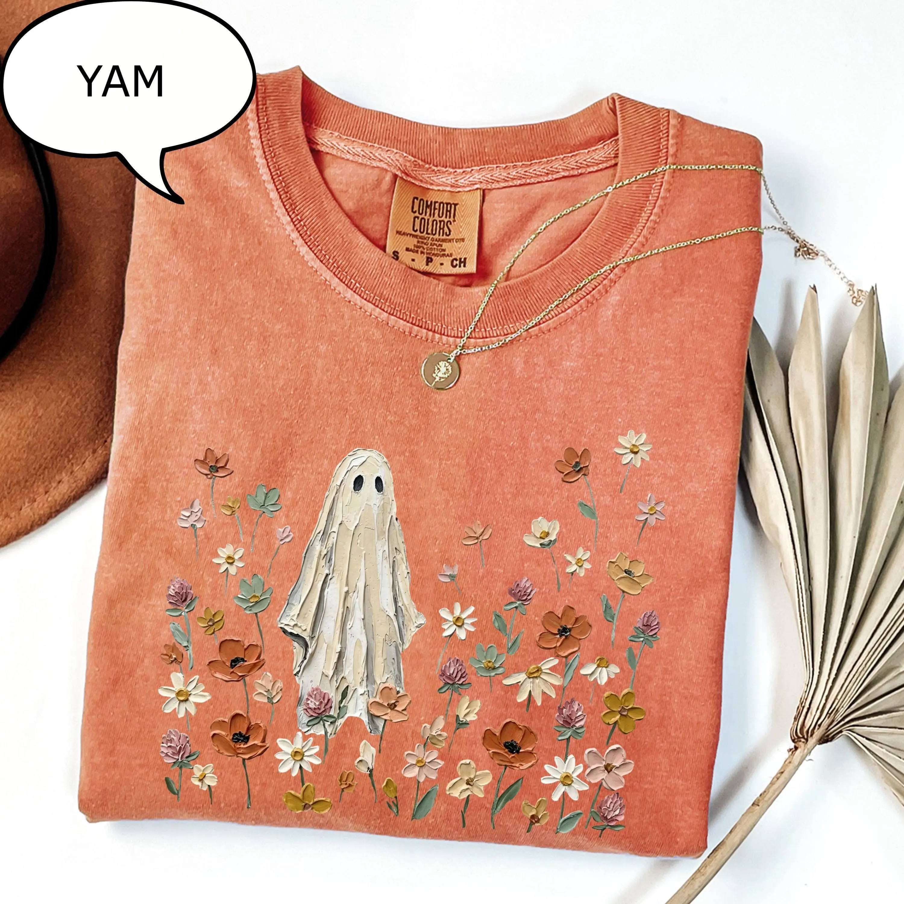 Comfort Colors Spooky Ghost T-Shirt, Floral Halloween Graphic Tee, Nature Lover Fall Gift - photo 3
